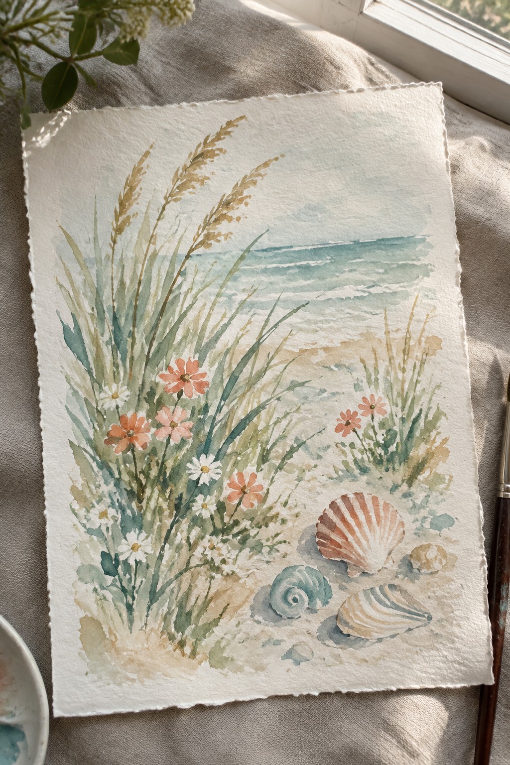 Watercolor painting of beach with sea grass, daisies, coral flowers, seashells, and waves