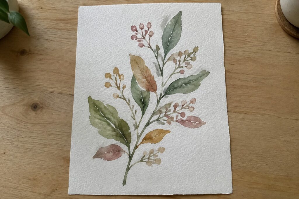 Watercolor botanical branch with green-yellow leaves and clusters of pink flowers