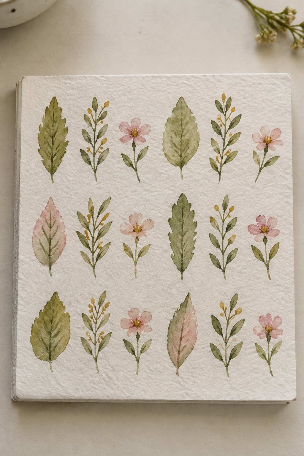 Watercolor illustrations of green leaves and pink flowers on white paper