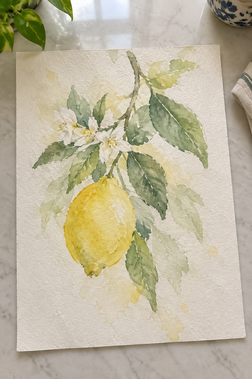 Watercolor painting of yellow lemon with green leaves and white flowers on paper