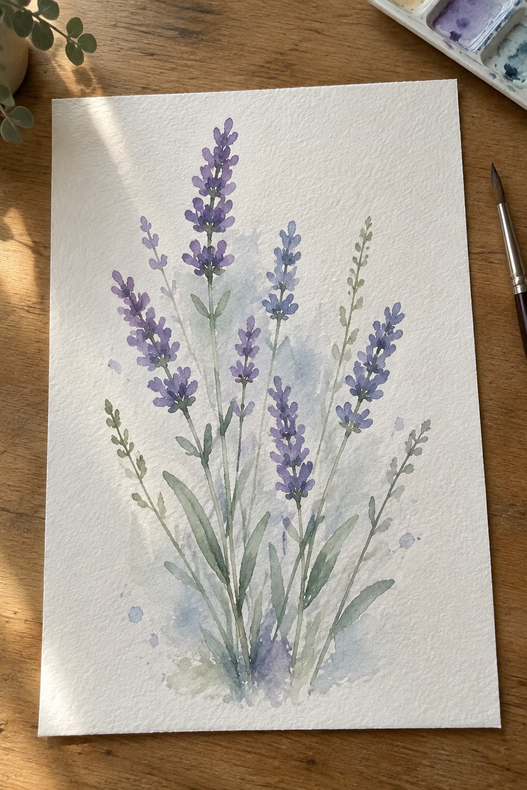 Watercolor lavender bouquet in purple and green on white paper with palette and brush