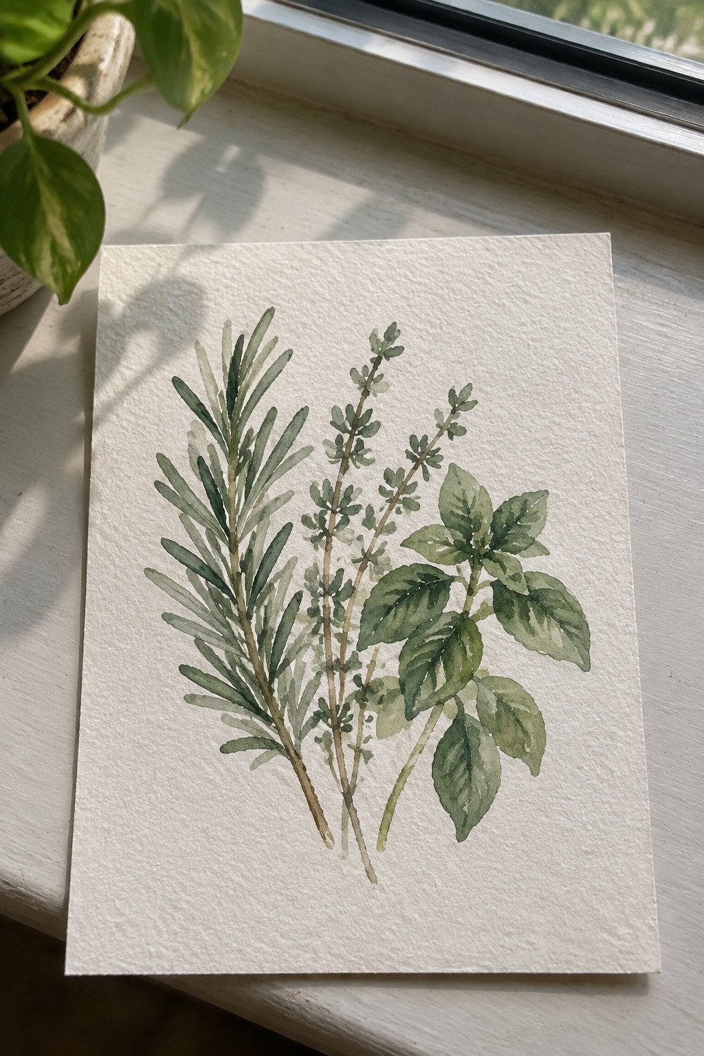 Watercolor painting of rosemary, thyme, and basil on white paper by window