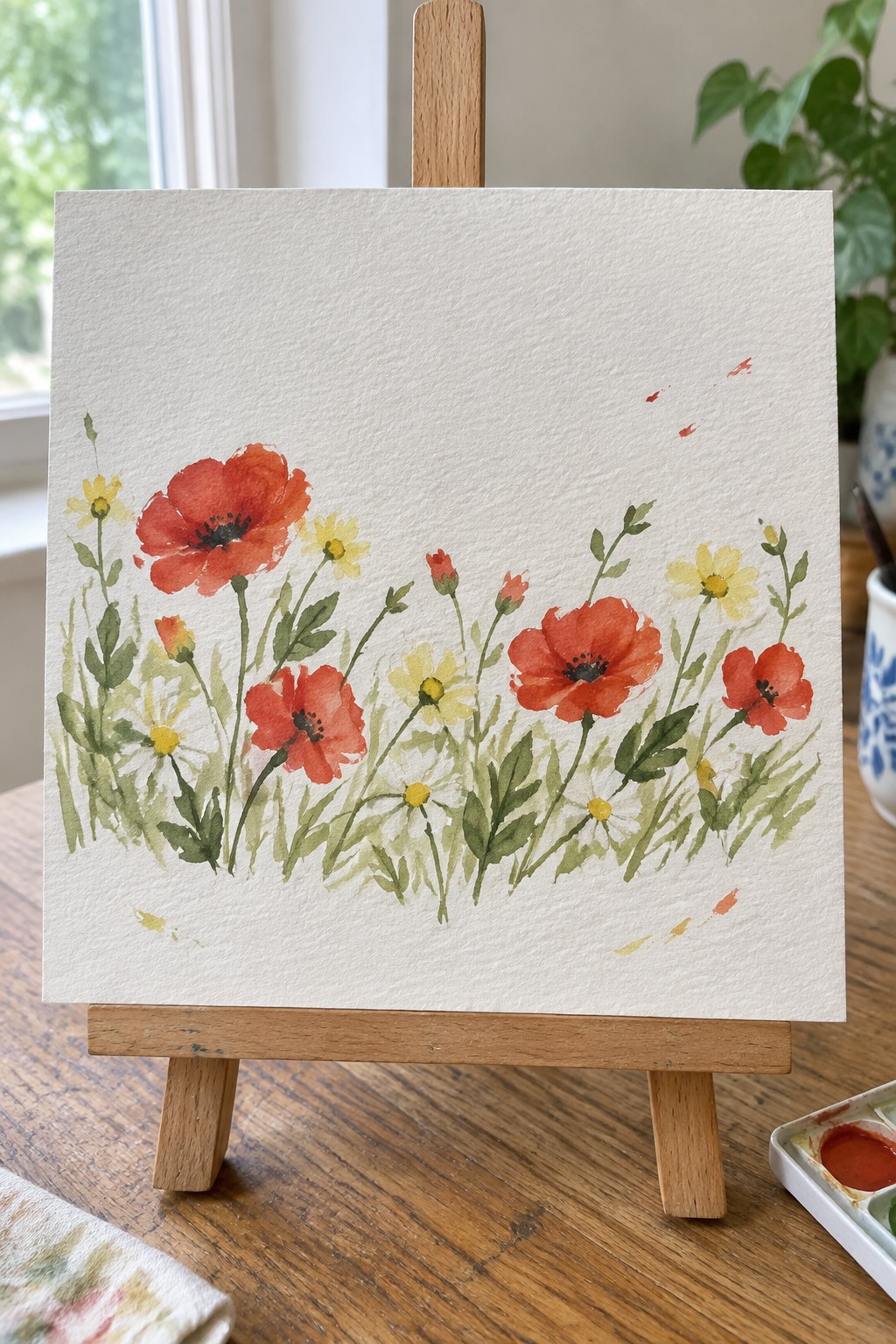 Watercolor of red poppies and yellow daisies on wooden easel with palette