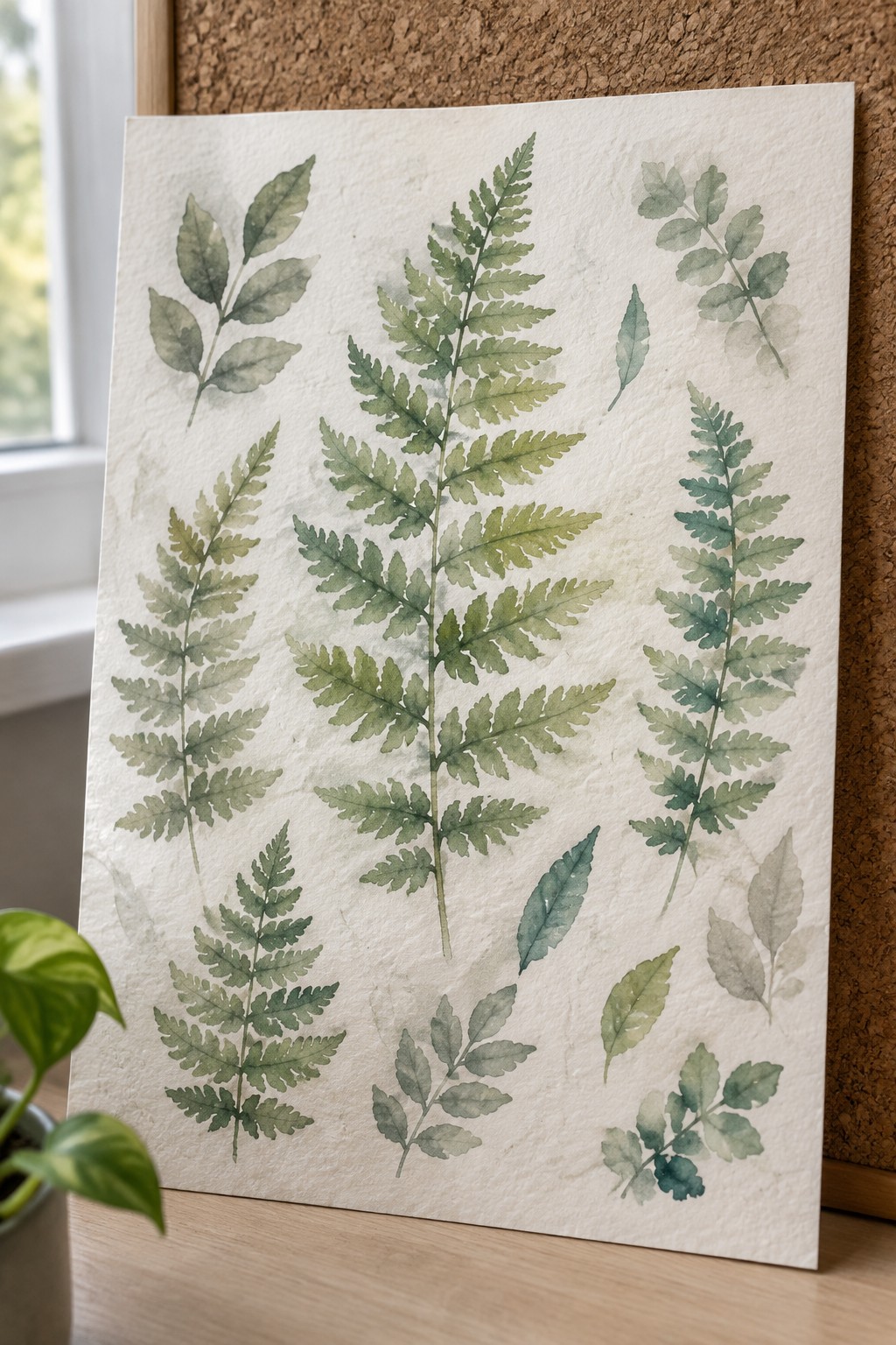 Watercolor painting of green ferns and leaves on white textured paper