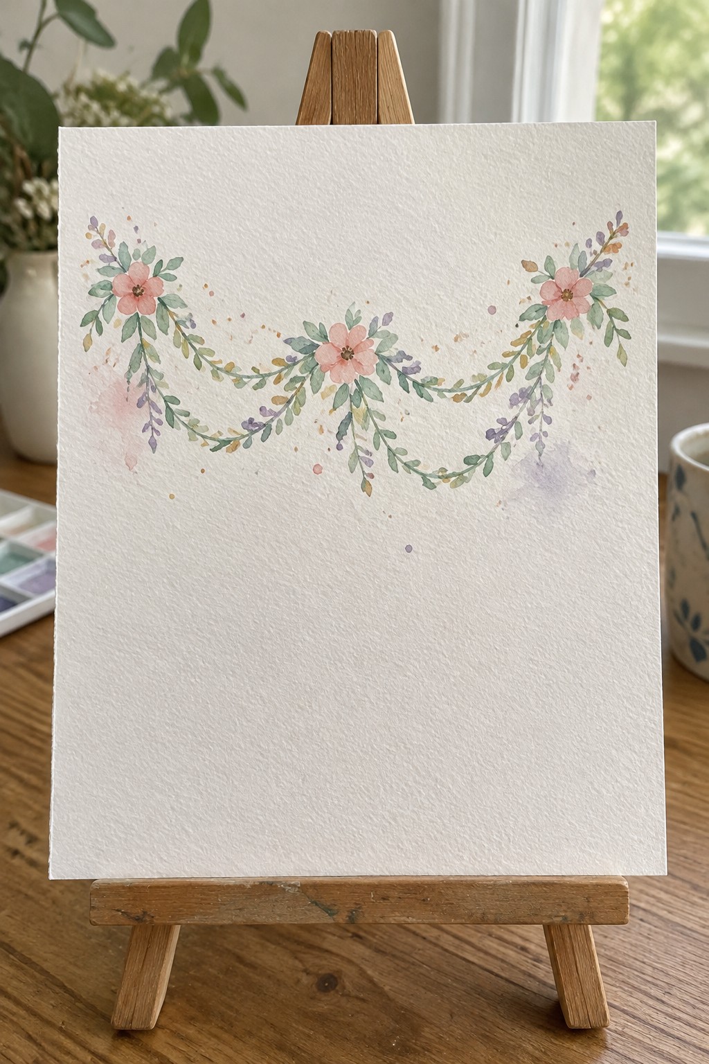 Watercolor floral garland with pink flowers and green leaves on wooden easel
