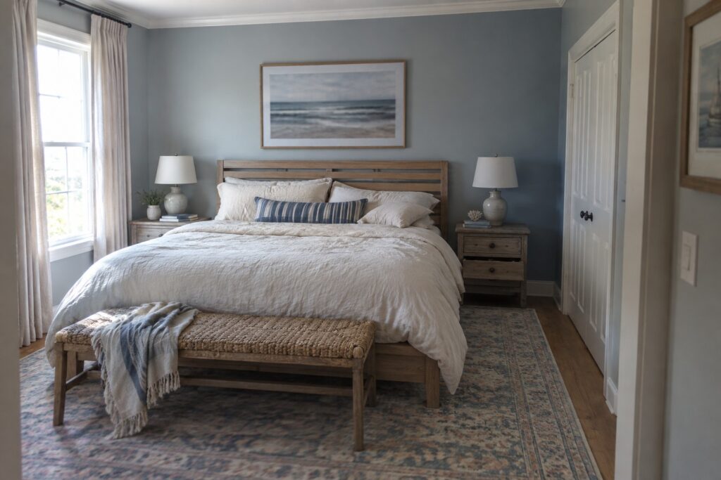 21 Calming Blue Bedroom Paint Colors From Powder Blue to Muted Slate A bedroom featuring muted slate blue walls with warm wood furniture and white bedding.