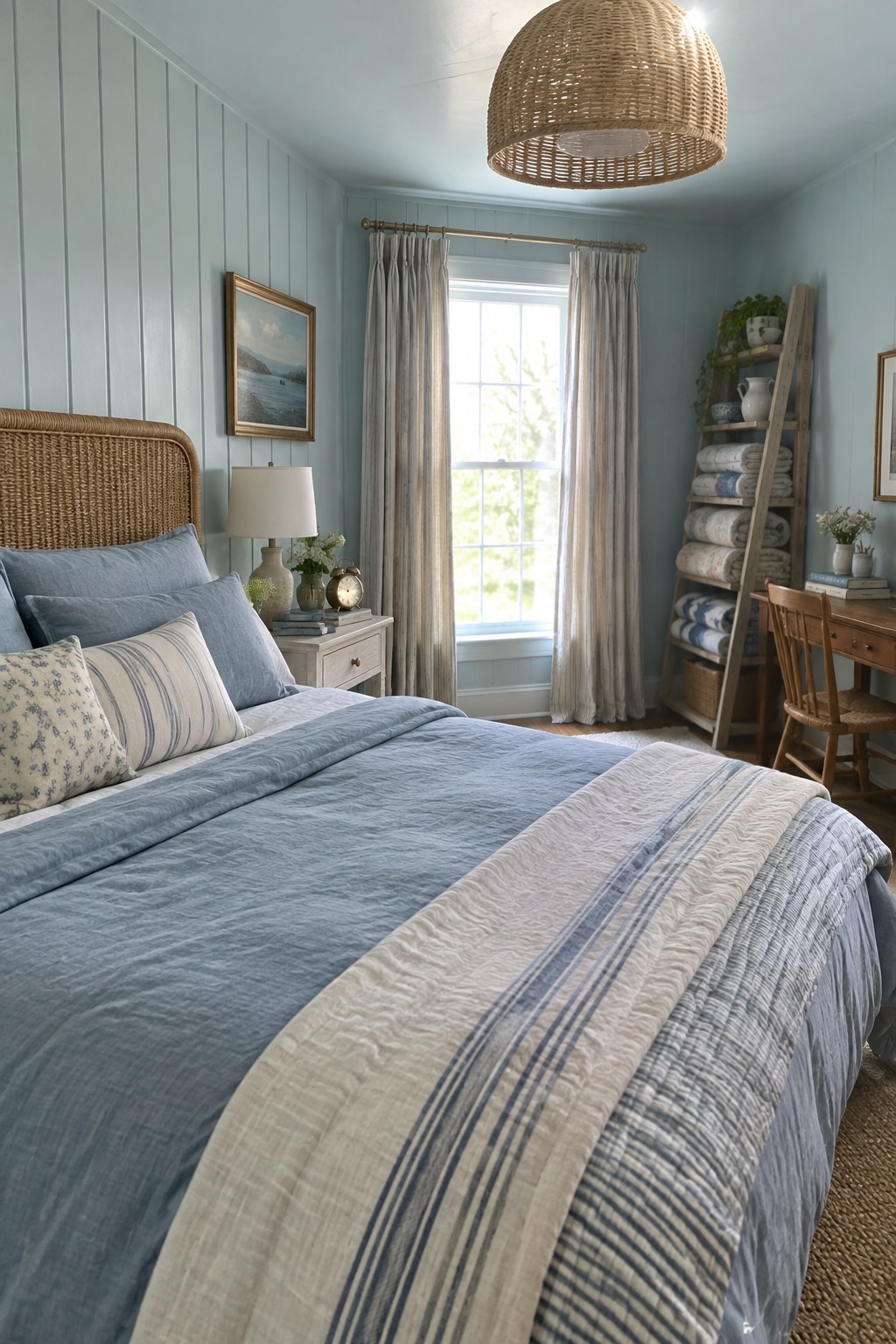 A bedroom featuring soft muted blue-gray walls with white trim and a large window.