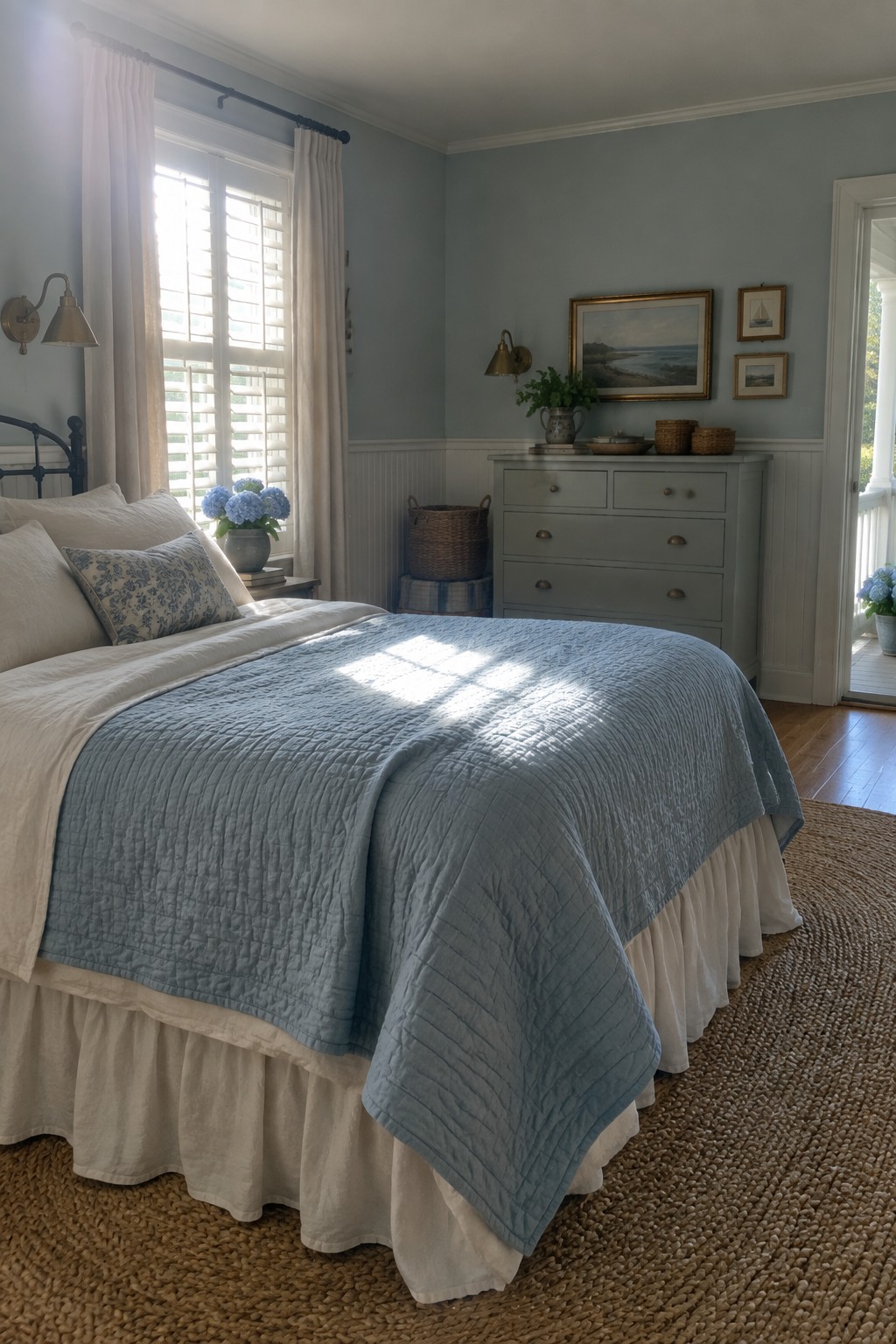 A bedroom featuring muted blue gray walls above white wainscoting.