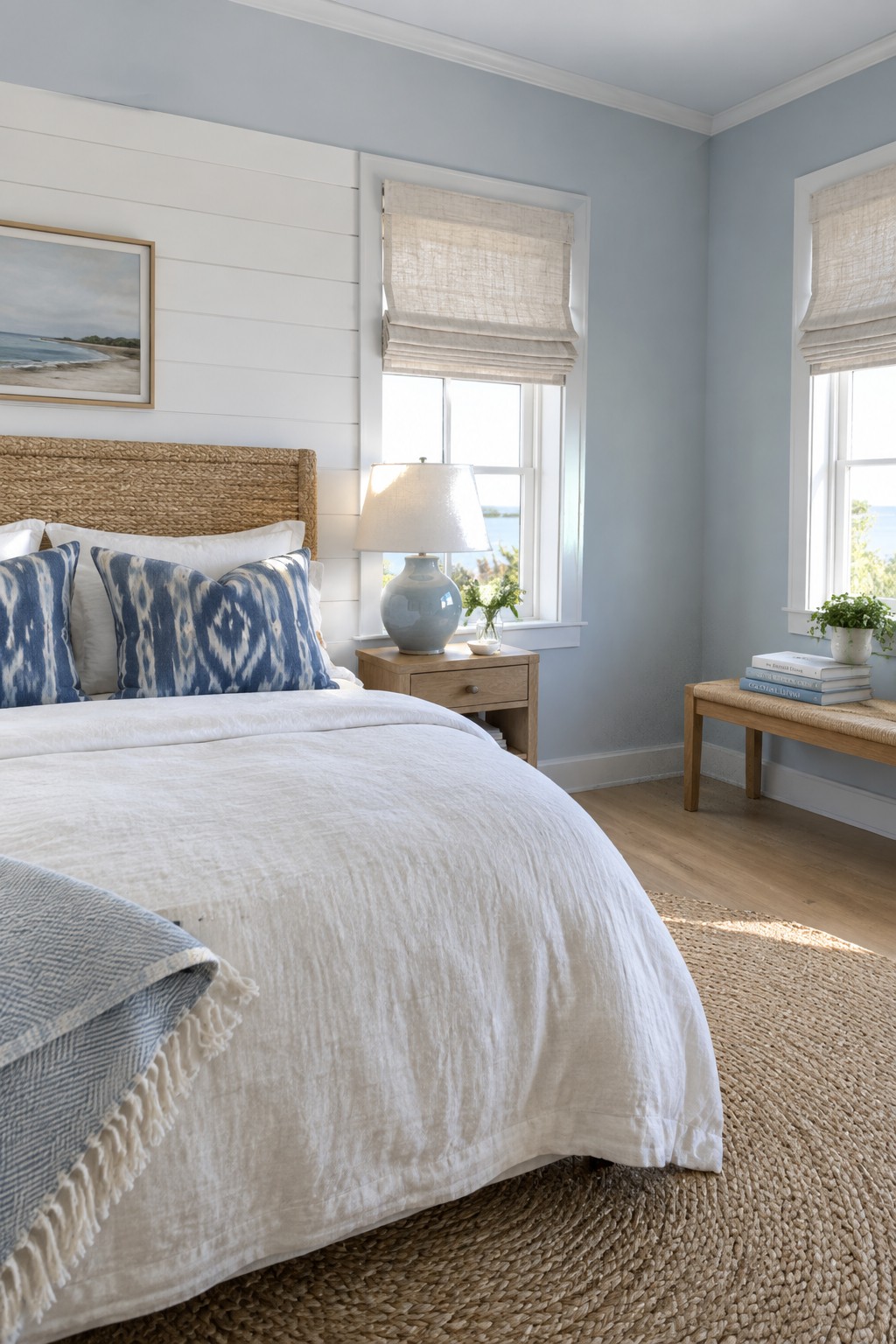 A bedroom featuring soft muted blue-gray walls with white trim and a bed dressed in white linens.