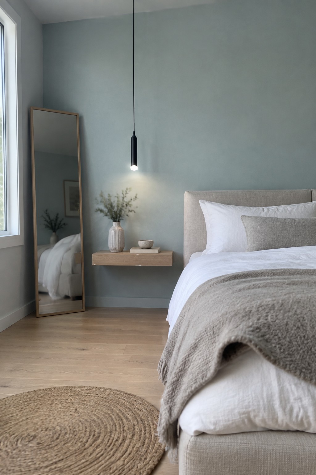 Bedroom walls painted in a muted slate blue with a floating wood shelf below a pendant light.