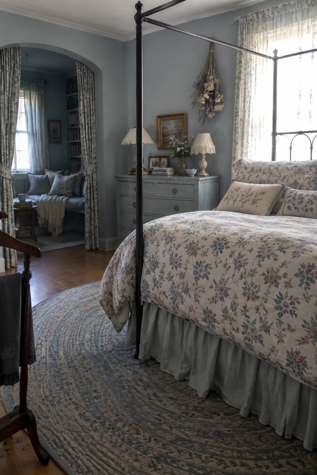 Muted slate blue walls in a bedroom with wood floors and a black metal bed frame.