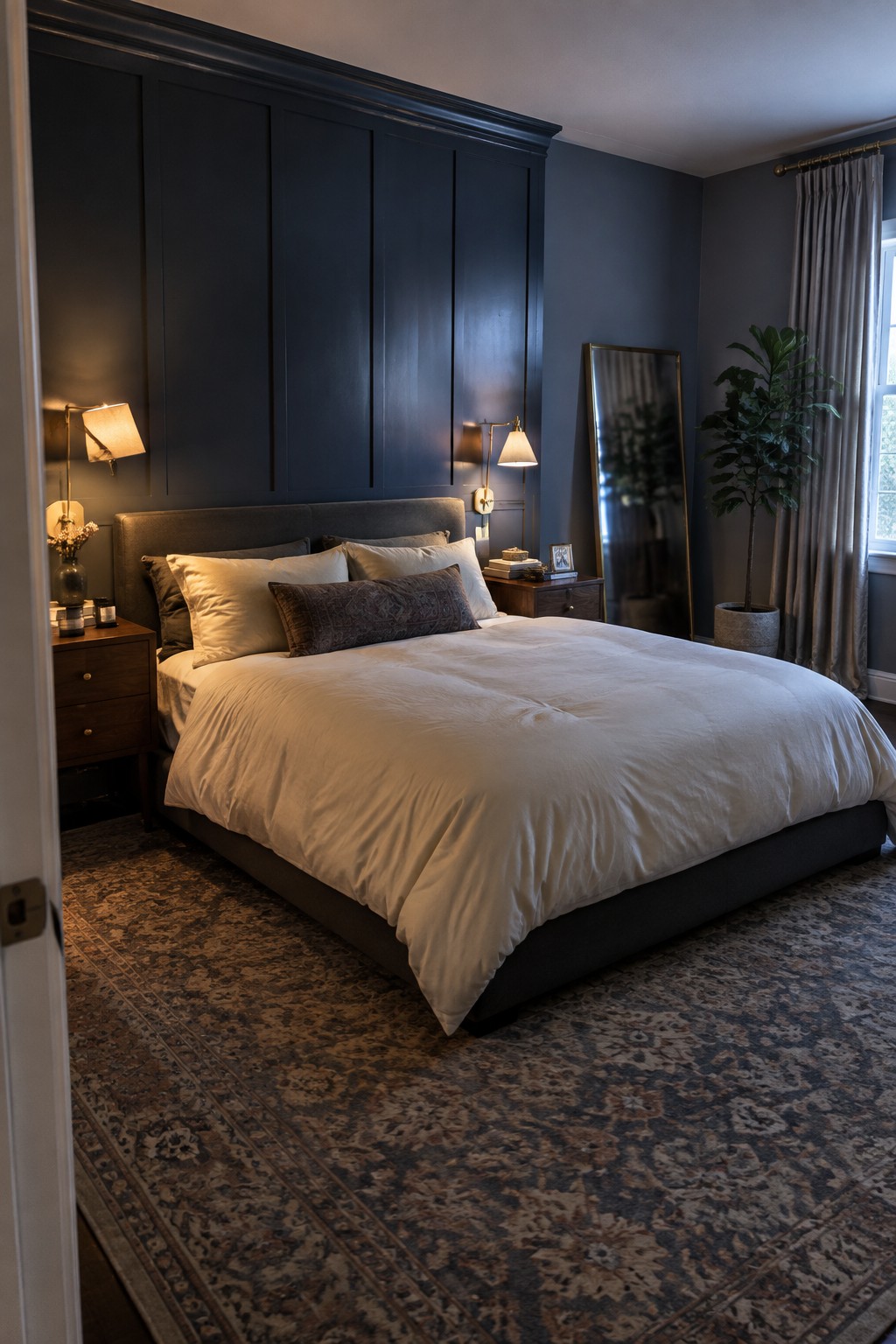 A bedroom featuring deep muted blue paneled walls behind a large bed.
