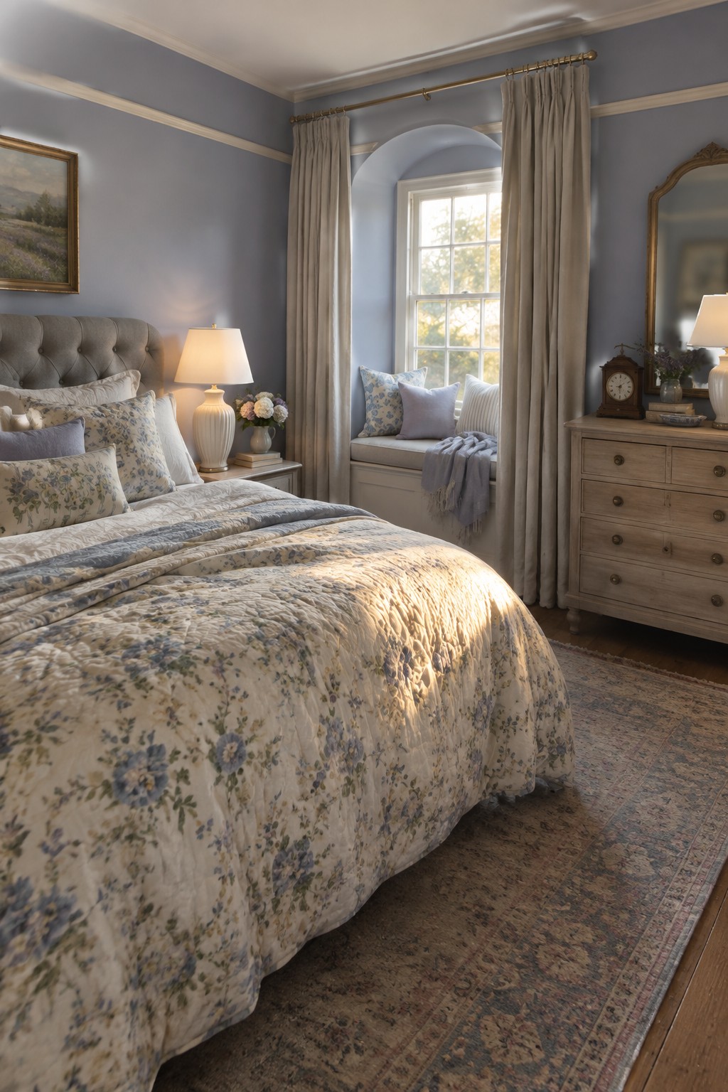 A bedroom with muted blue-gray walls, white trim, and a window seat.