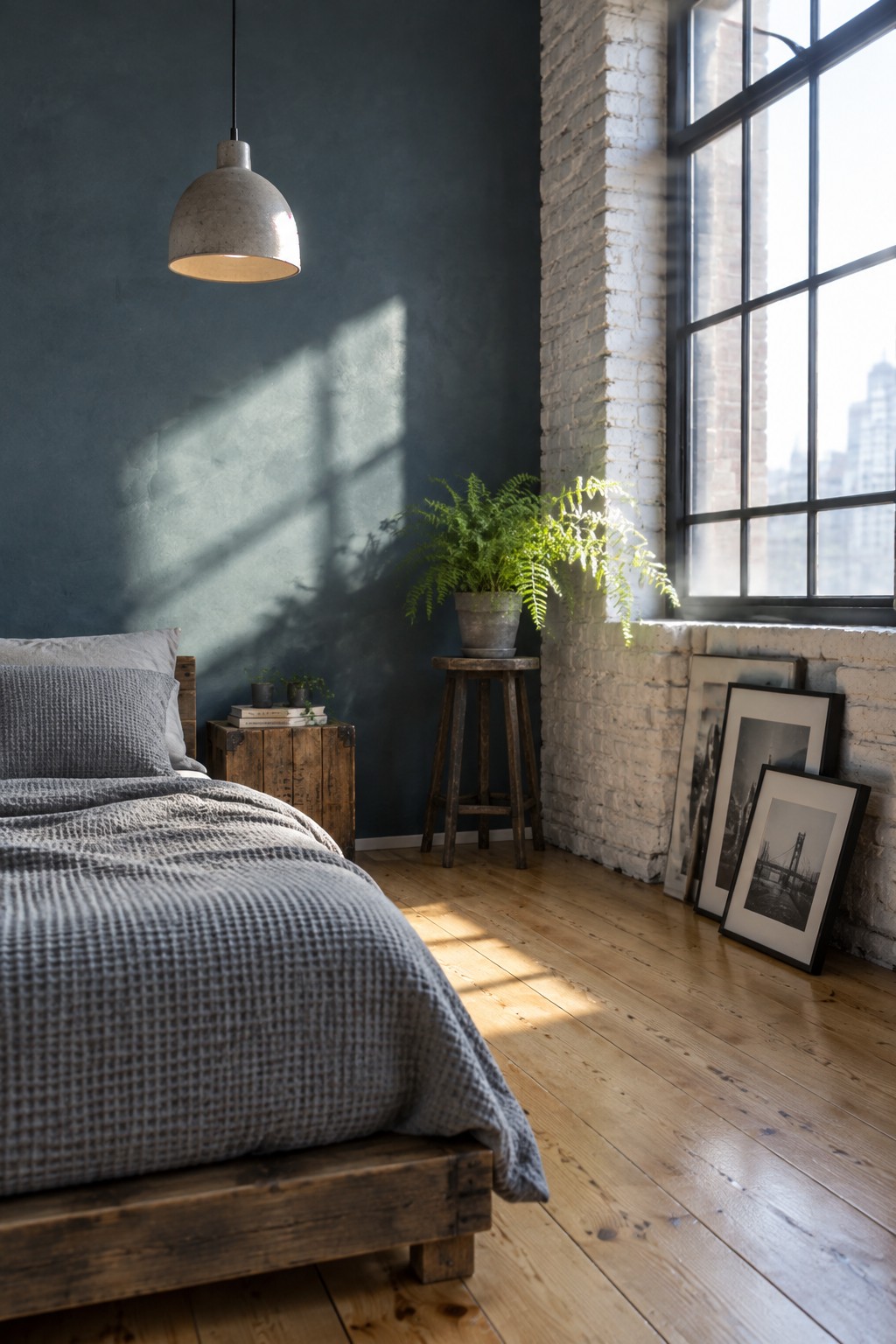 A muted slate blue wall in a sunlit bedroom with wood floors and a large window.