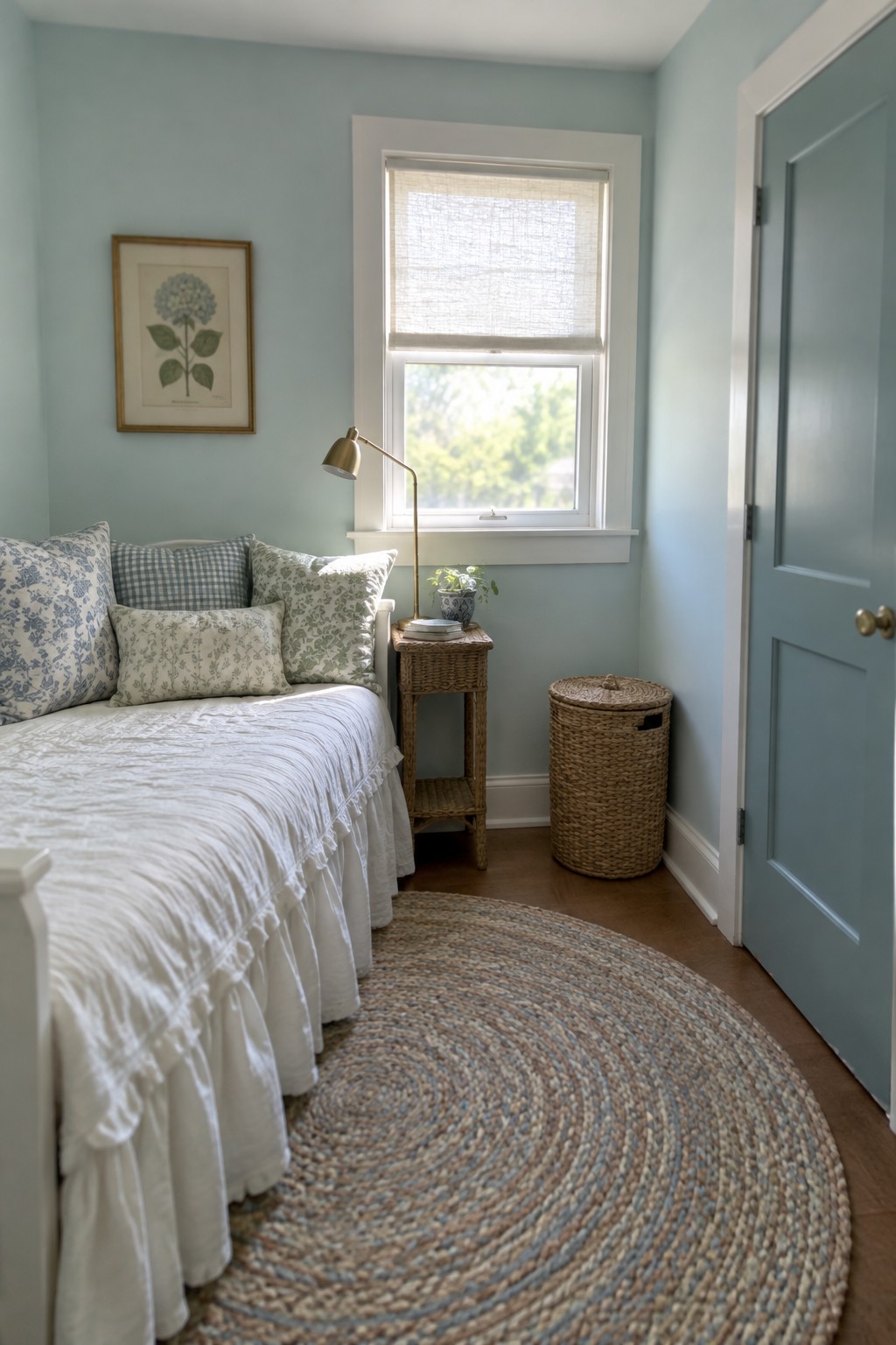 Light blue walls in a bedroom with white trim and a window.