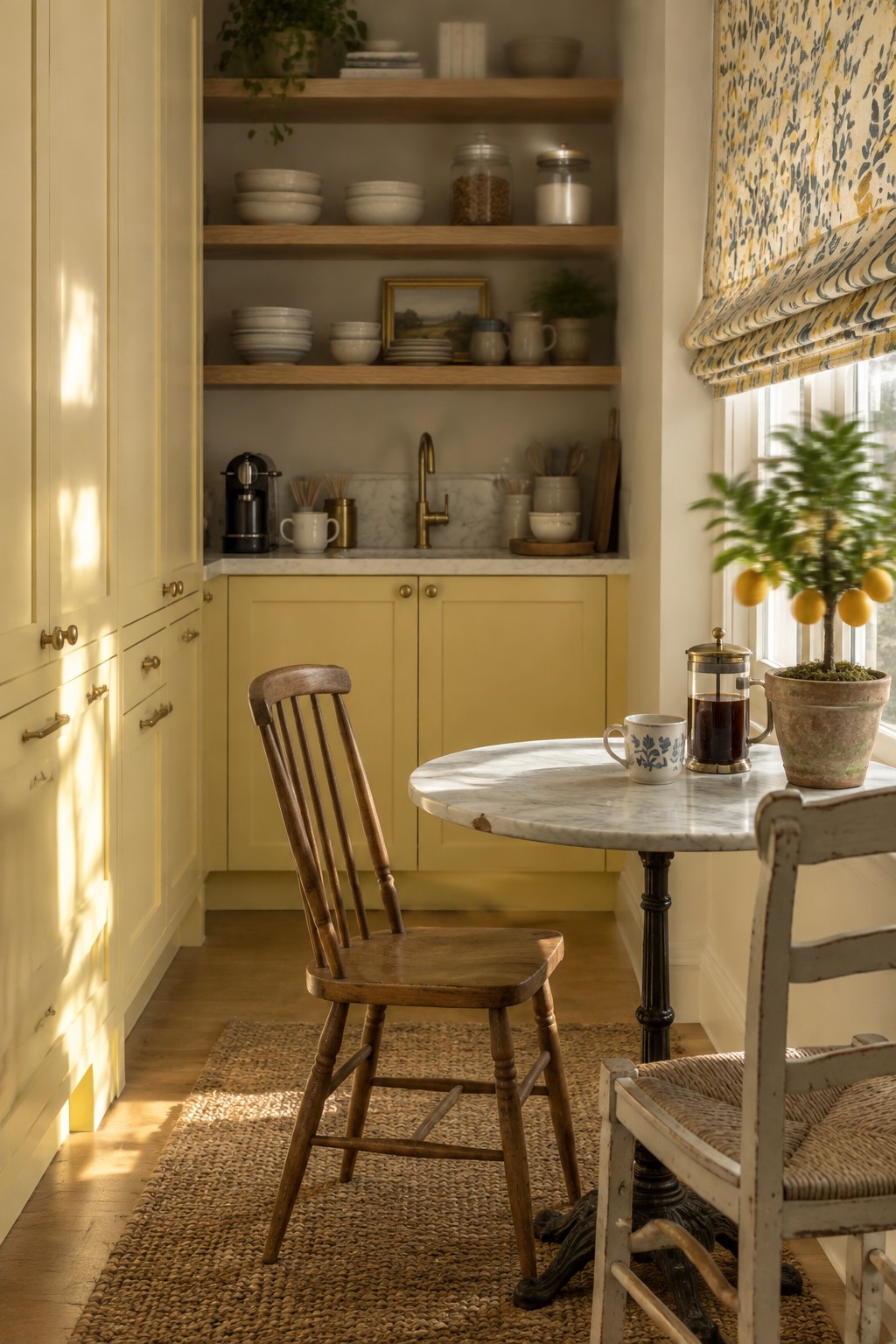 Yellow kitchen nook with marble table, wooden chairs, open shelves, and lemon plant.