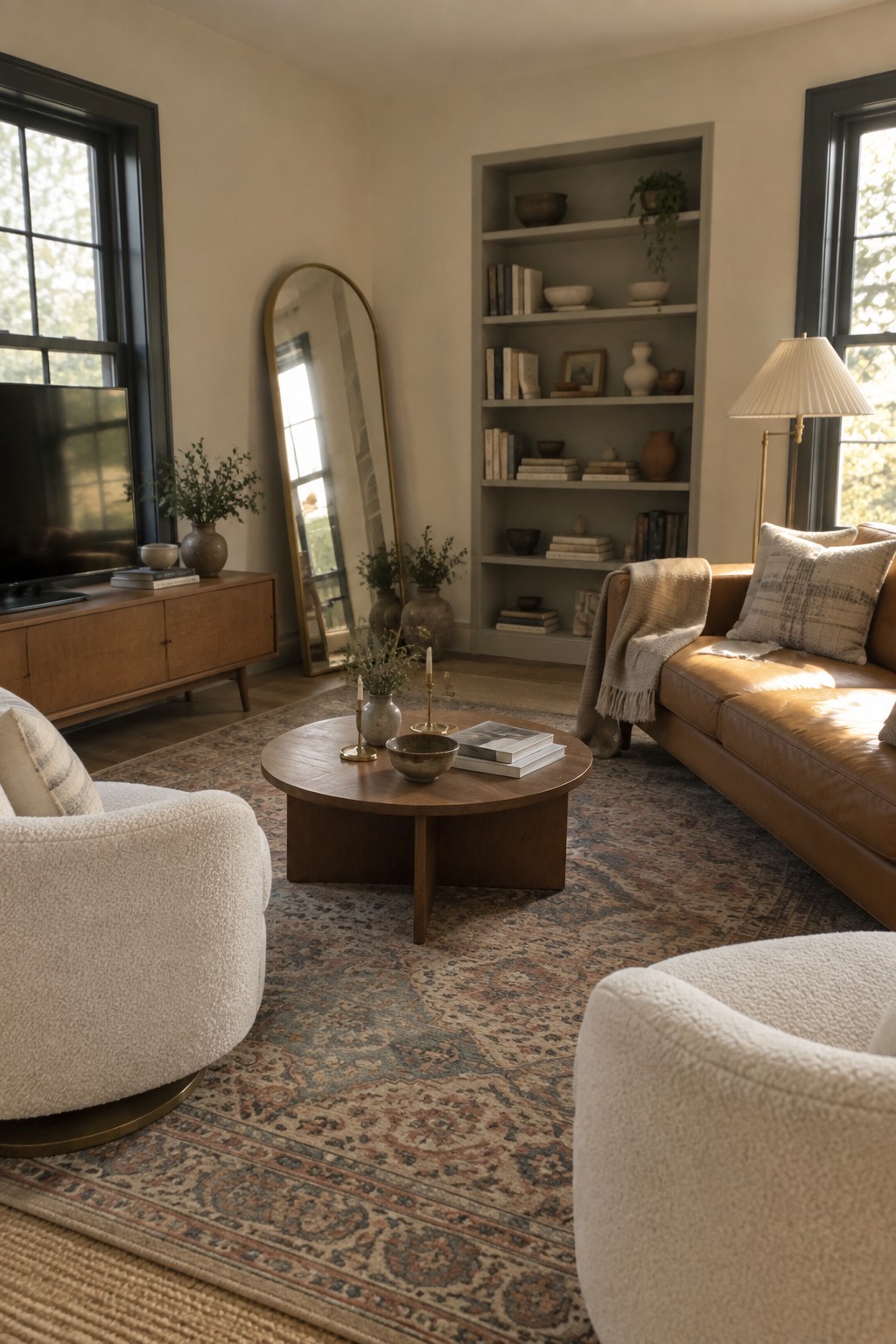 Cozy living room with leather sofa, boucle chairs, round coffee table on patterned rug