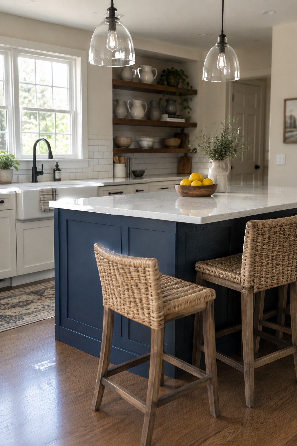 A kitchen island painted deep navy blue with a white marble top and woven bar stools.
