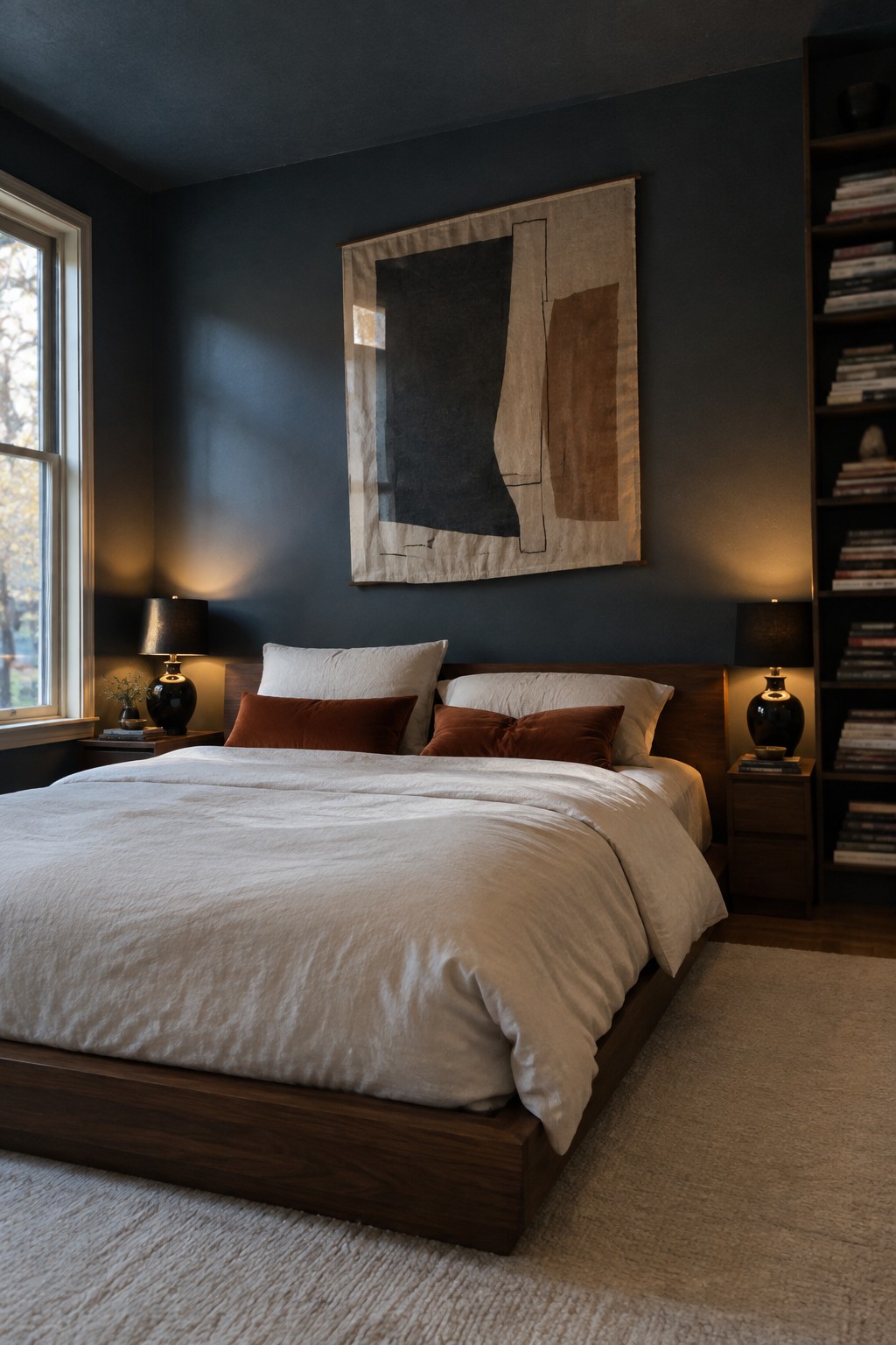 Dark blue bedroom with wooden bed, white linens, rust pillows, and abstract wall art.