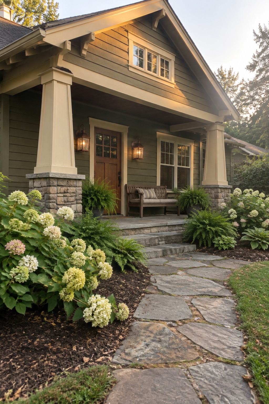 Stone pathway winds through hydrangeas to green Craftsman house porch with bench.