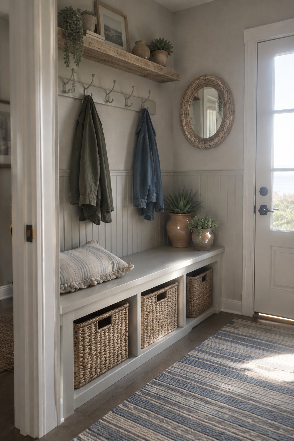 Light greige paint covers the walls and built-in bench in a simple entryway.
