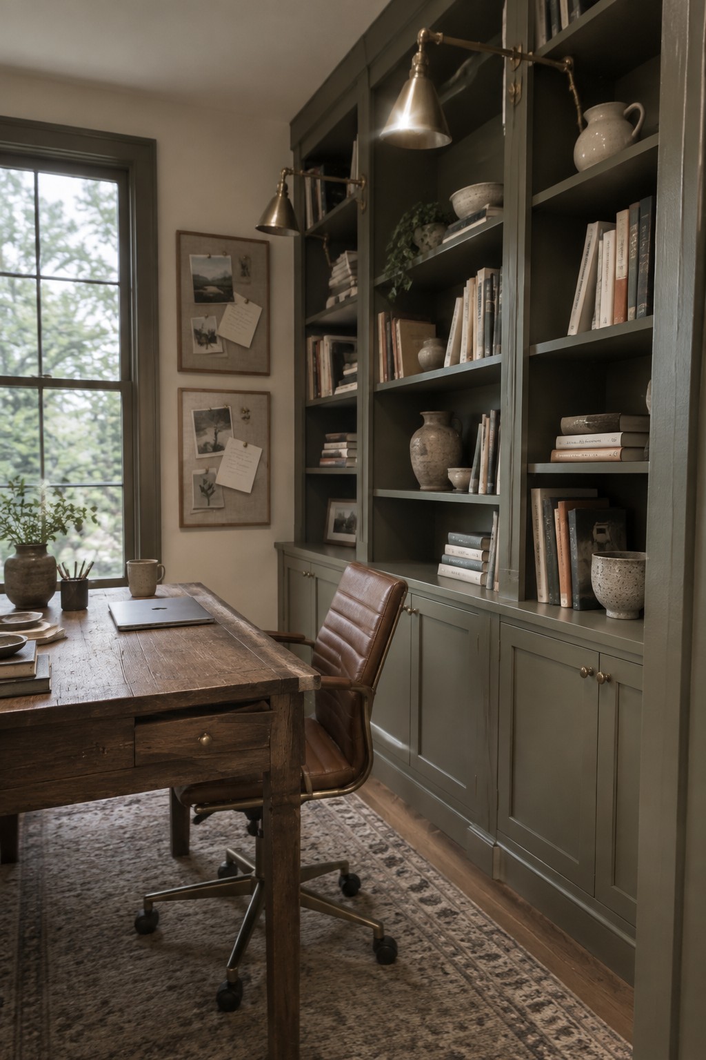 Built-in bookshelves and cabinets painted in a muted sage green fill one wall of a home office beside a wooden desk.