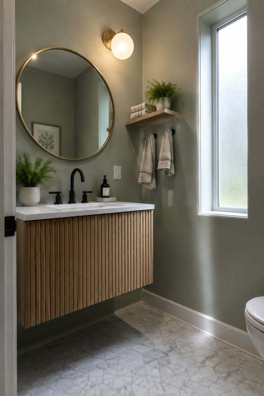 Bathroom walls painted in a soft muted sage green next to a warm wood vanity and white marble.