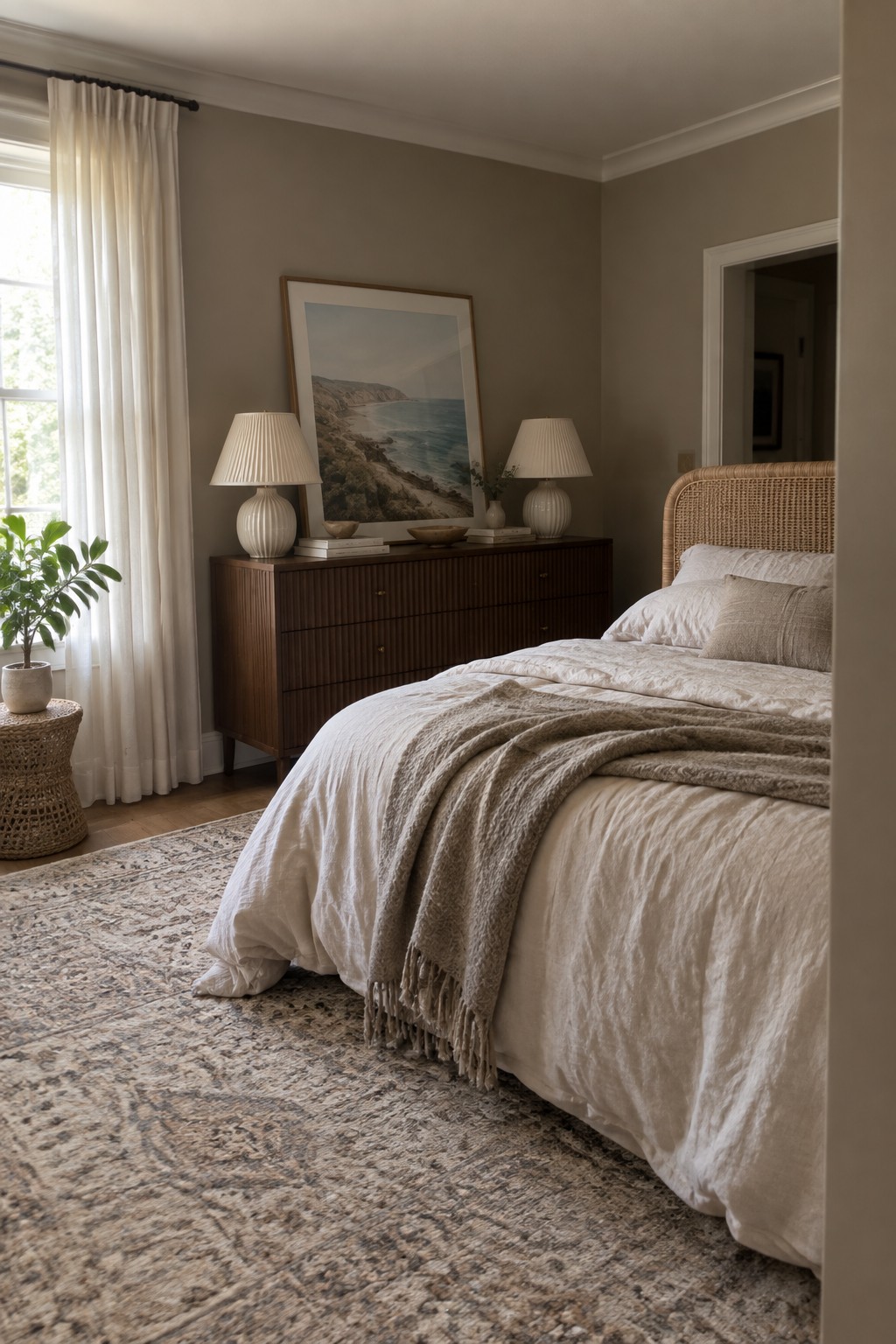 Cozy neutral bedroom with rattan headboard, fringed beige bedding, wooden dresser, and coastal art.