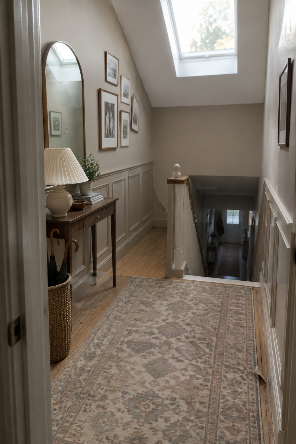 Hallway with patterned rug, wooden console table, arched mirror, and staircase under skylight
