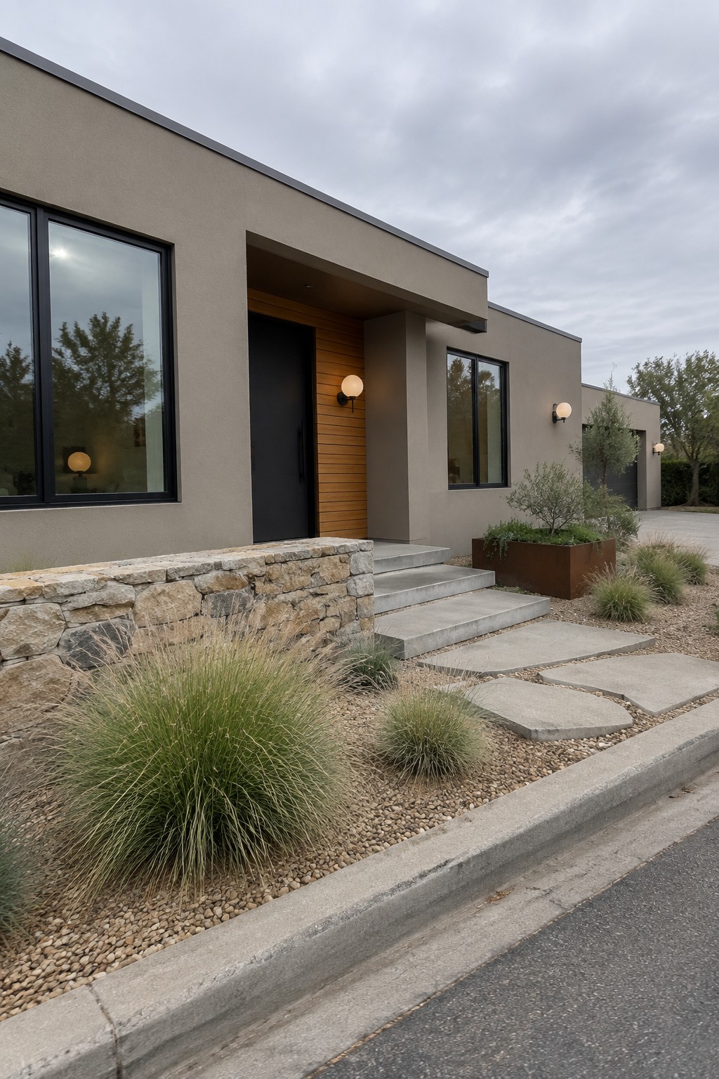 Modern house exterior with warm greige siding and natural stone accents.