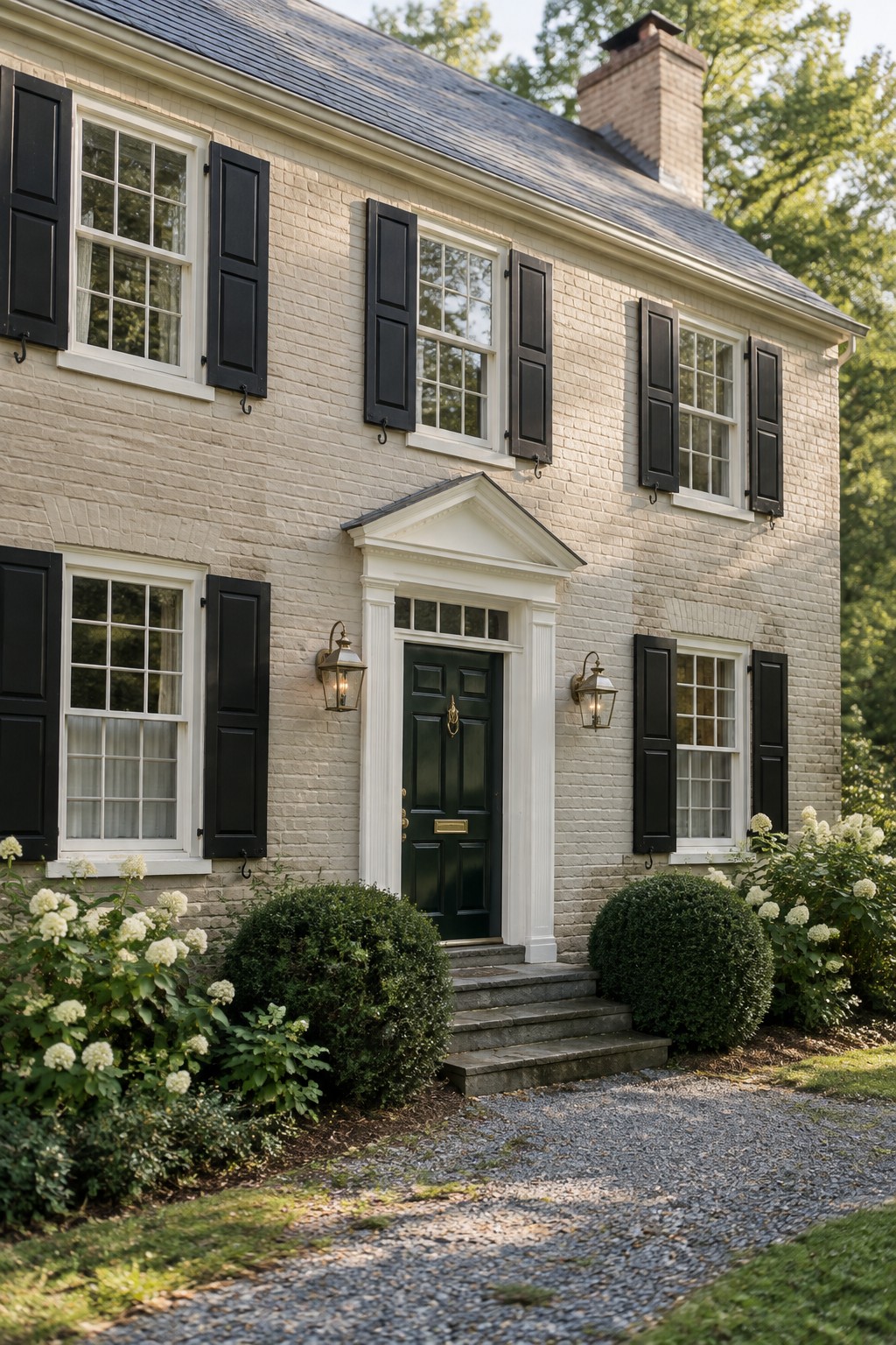 A two-story brick house painted in a soft warm neutral with black shutters and white trim.