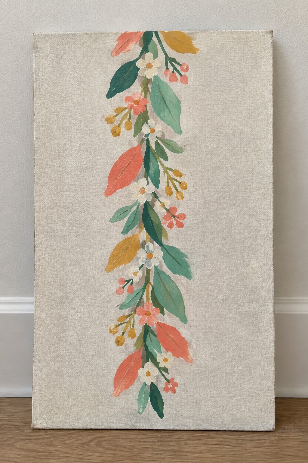 Vertical canvas painting of cascading floral vine with coral, green, and yellow leaves and white flowers