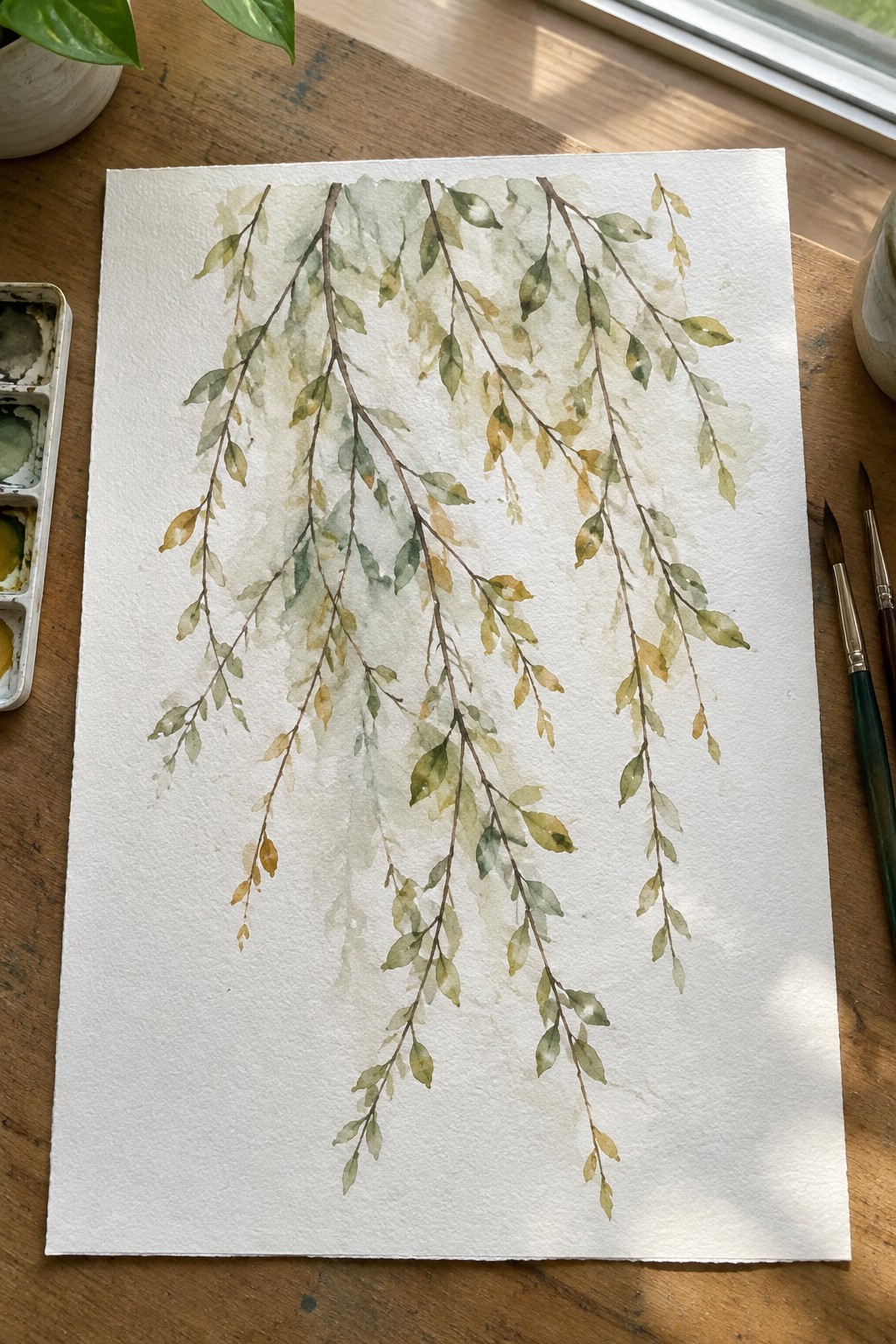 Watercolor painting of drooping green and yellow branches beside palette and brushes on wood