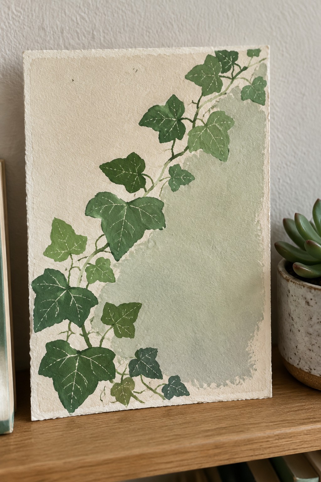 Watercolor green ivy vine on textured cream paper beside potted succulent on wood.