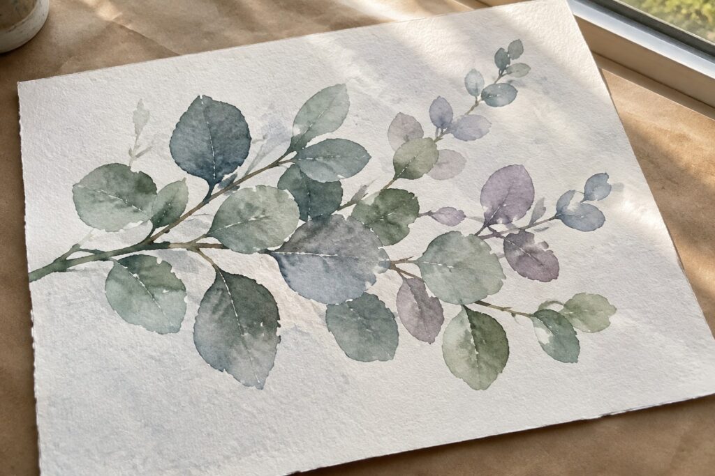 Watercolor eucalyptus branches with muted green blue and purple leaves on white paper