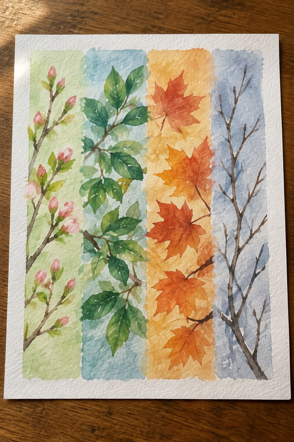 Watercolor panels of seasonal branches: pink buds, green leaves, orange maples, bare twigs.