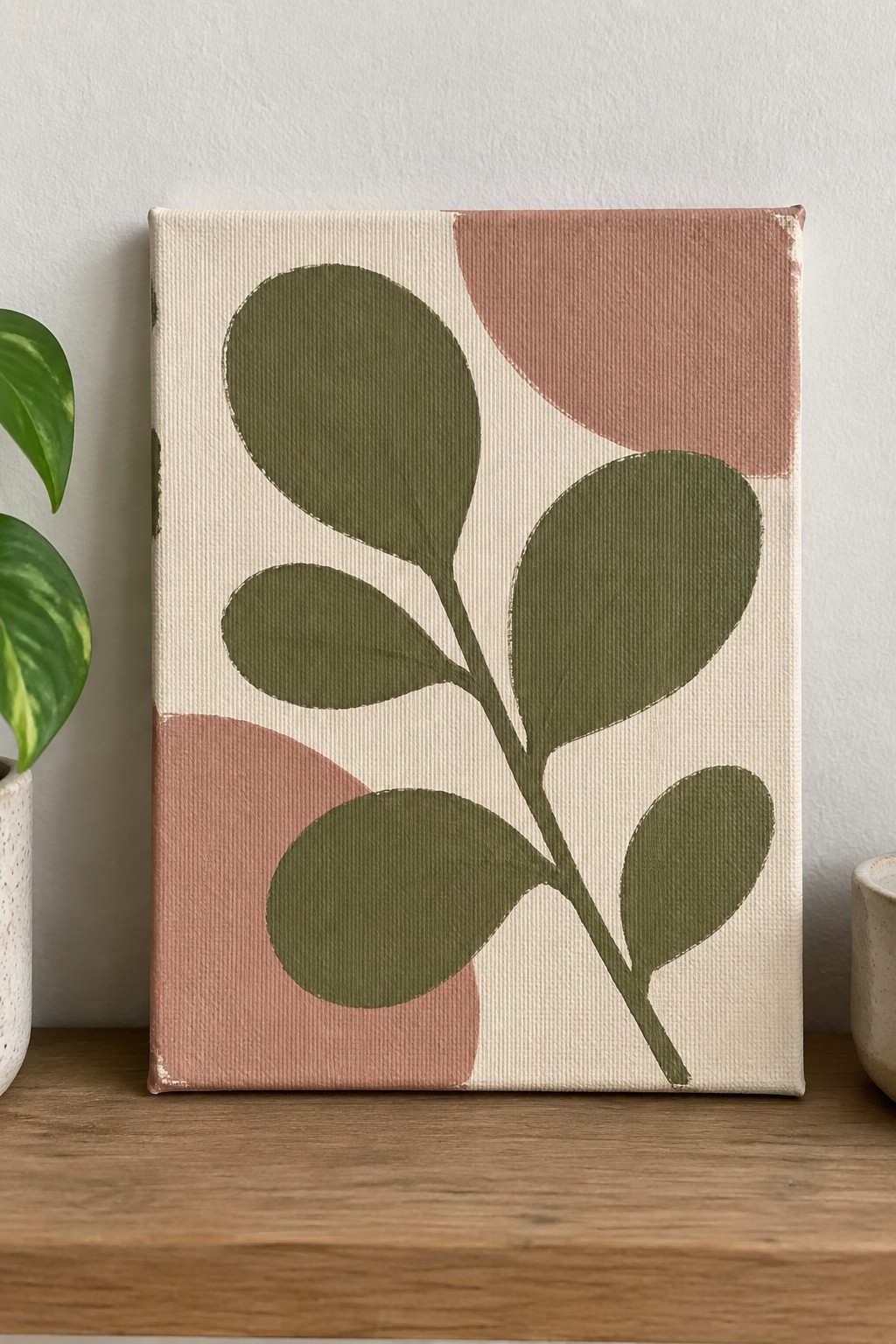 Abstract canvas with green leaves and pink shapes on wooden shelf beside plant.