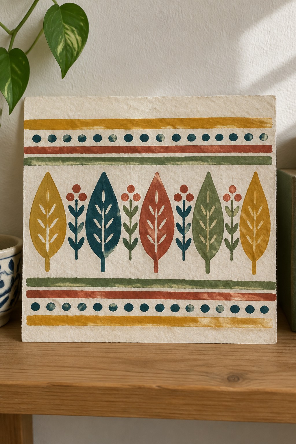 Watercolor leaf border design with yellow, teal, red, green stripes and dotted patterns on textured paper