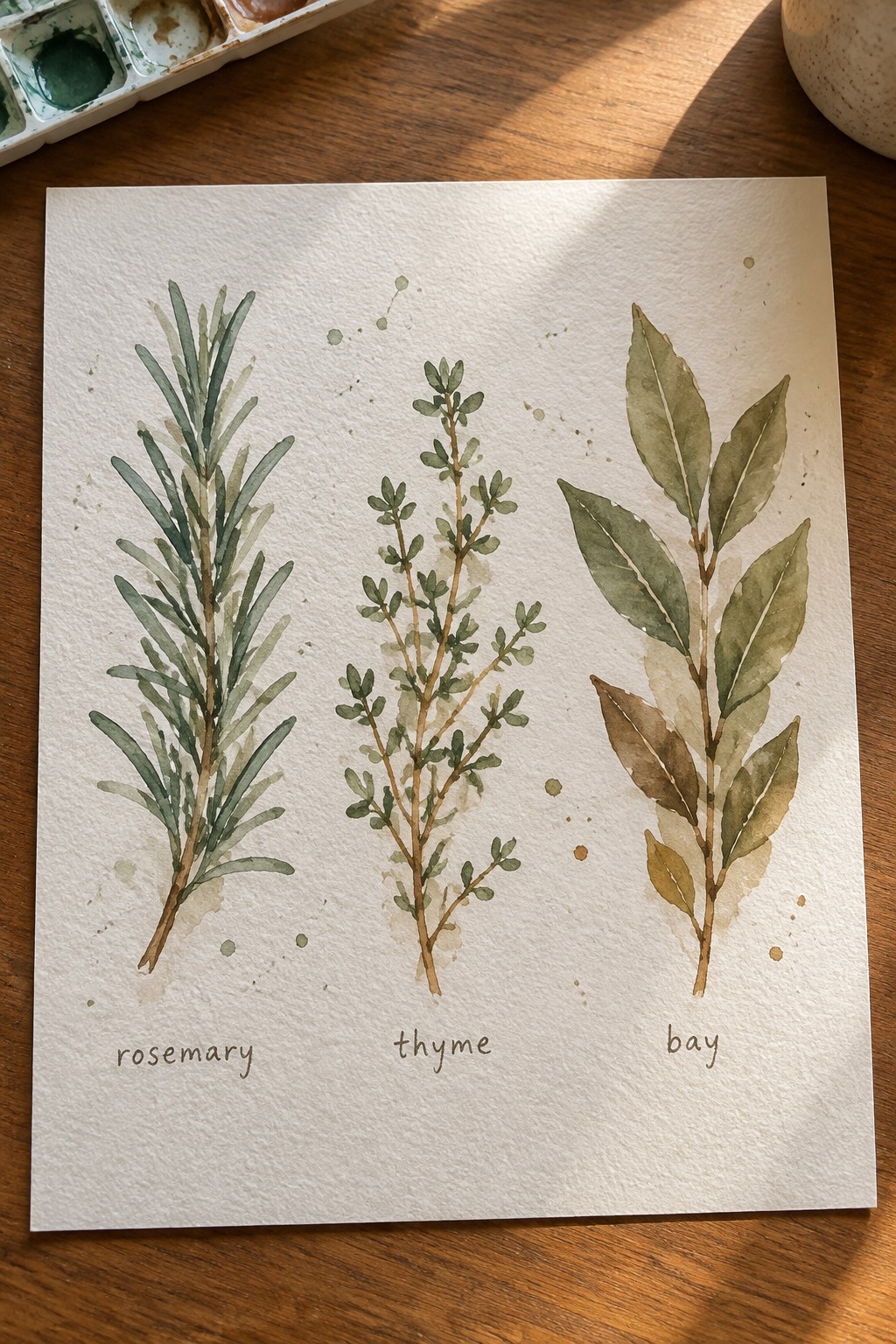 Watercolor painting of labeled rosemary, thyme, and bay on paper with palette