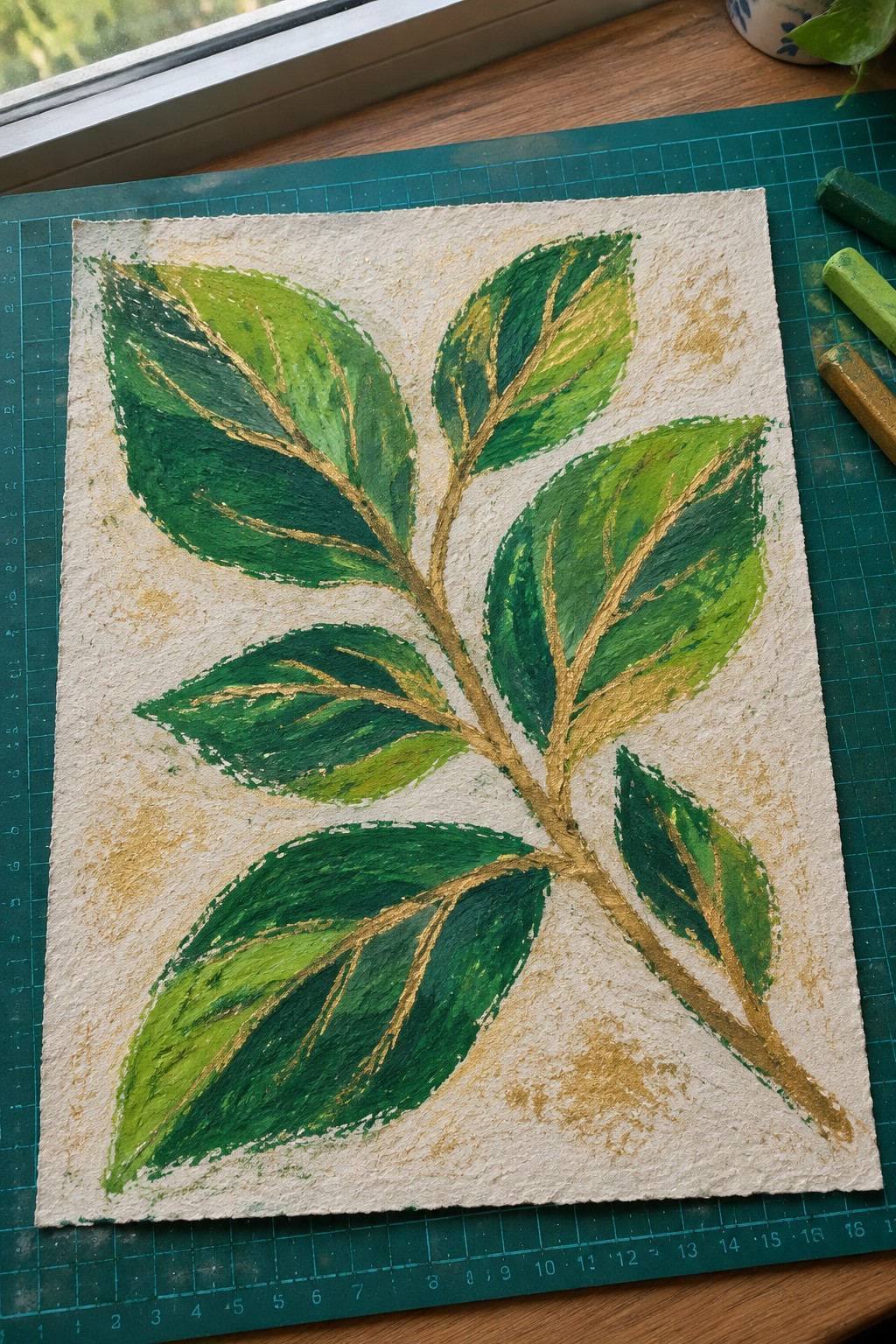 Green leaves with gold veins painted on textured paper over cutting mat