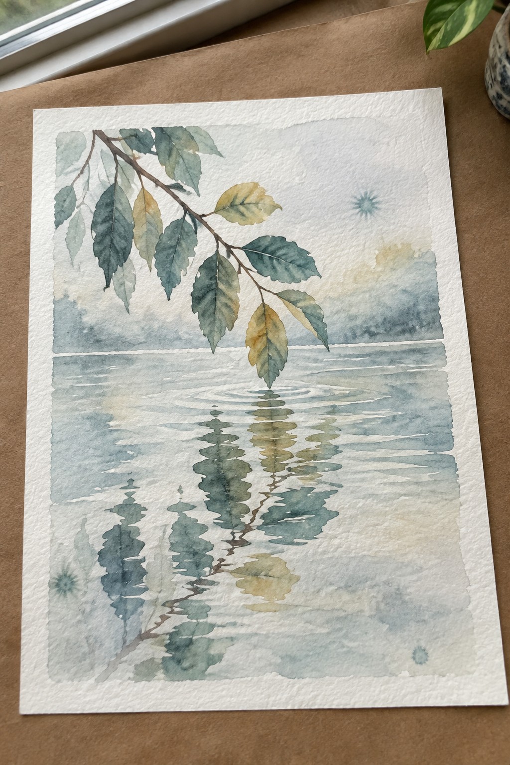 Watercolor of leafy branch over misty lake with soft reflections and starbursts