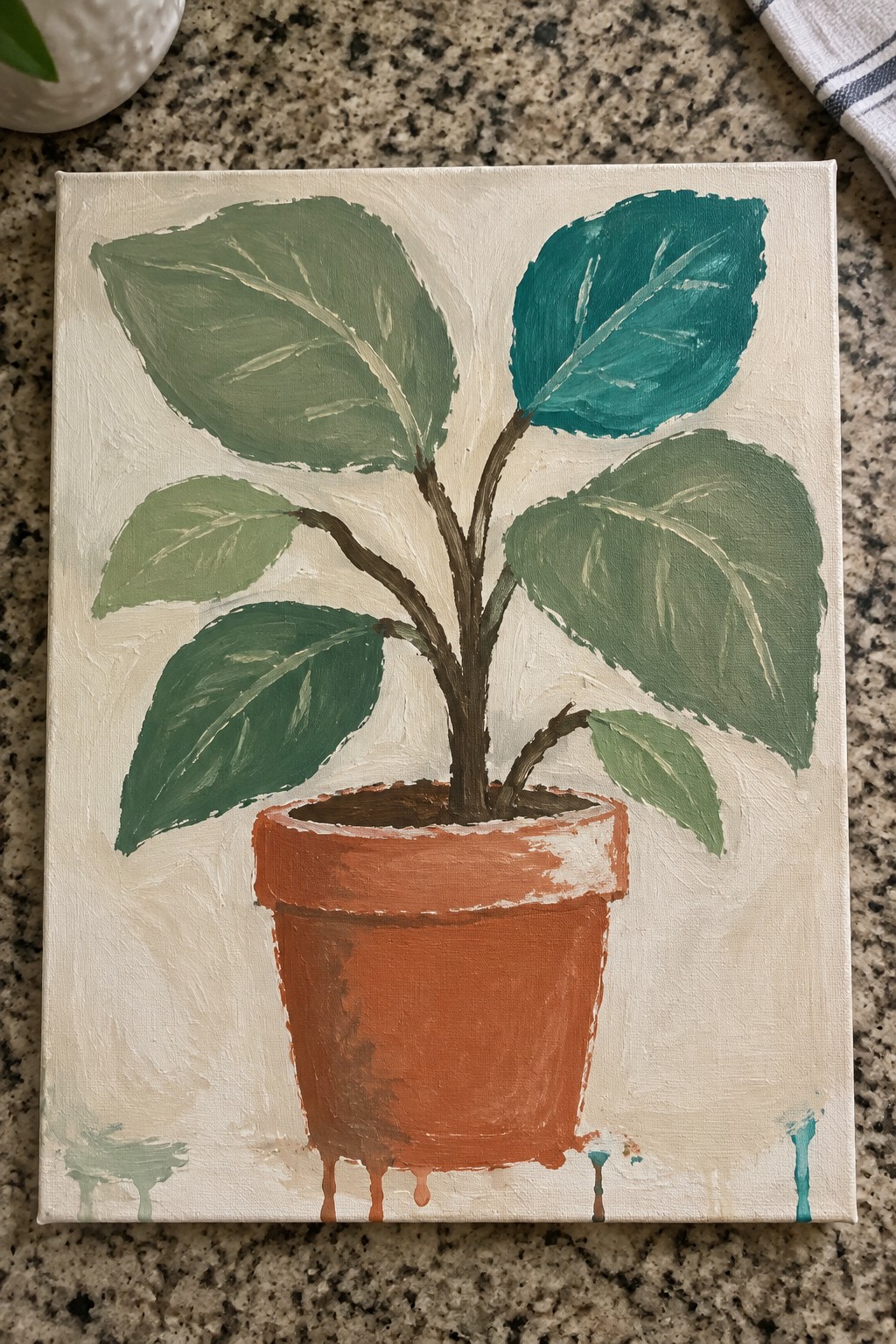 Acrylic painting of leafy plant with green foliage in dripping terracotta pot.