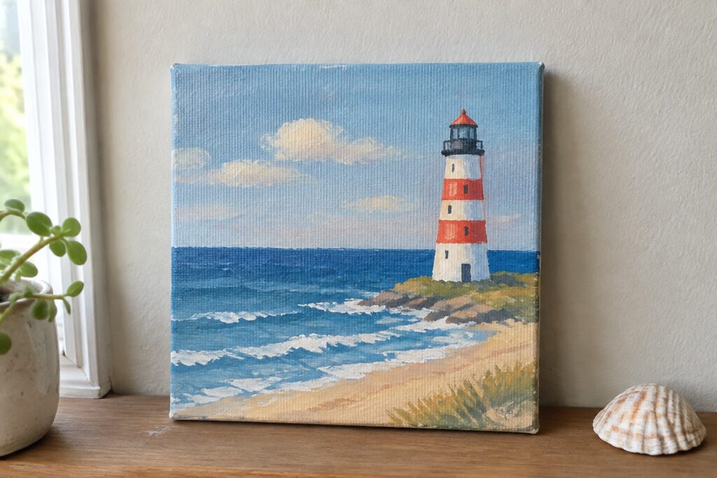 21 Creative Small Canvas Painting Ideas Using Simple Acrylic Techniques Canvas painting of red and white lighthouse by blue ocean on wooden shelf with plant