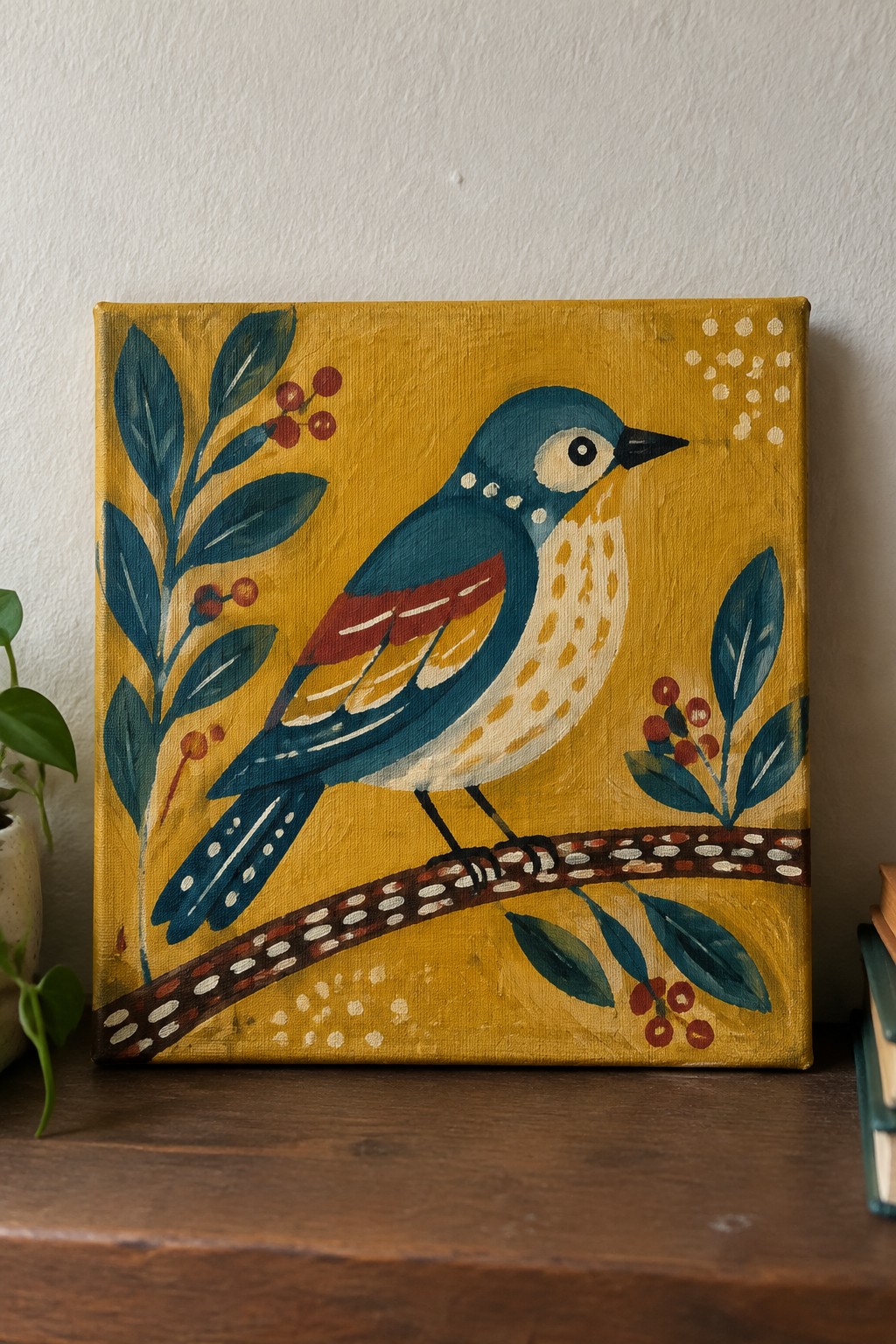 Folk-style painting of blue bird on branch with leaves and berries on yellow canvas.