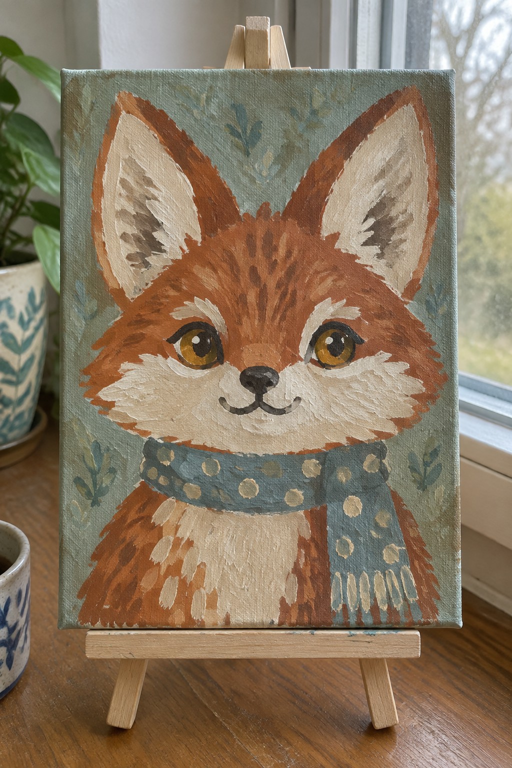 A small acrylic painting of a fox wearing a blue polka dot scarf on a wooden easel.