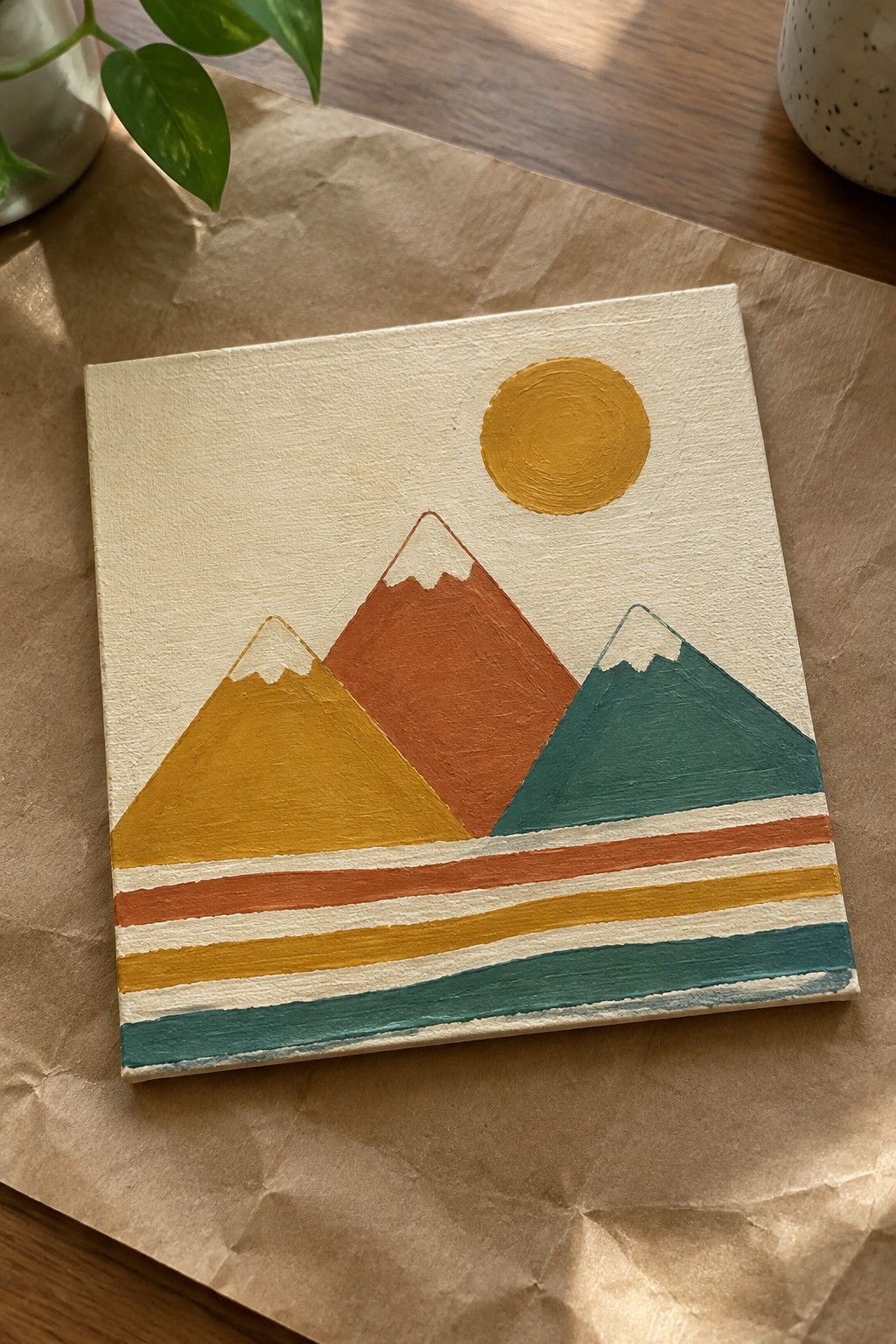 Three colorful mountains with sun and striped layers on square canvas