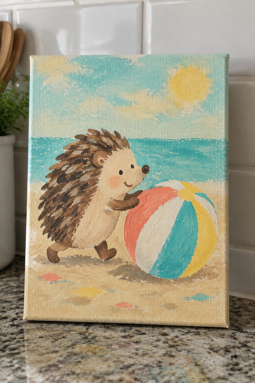 Whimsical painting of hedgehog with colorful beach ball on sunny sandy shore.
