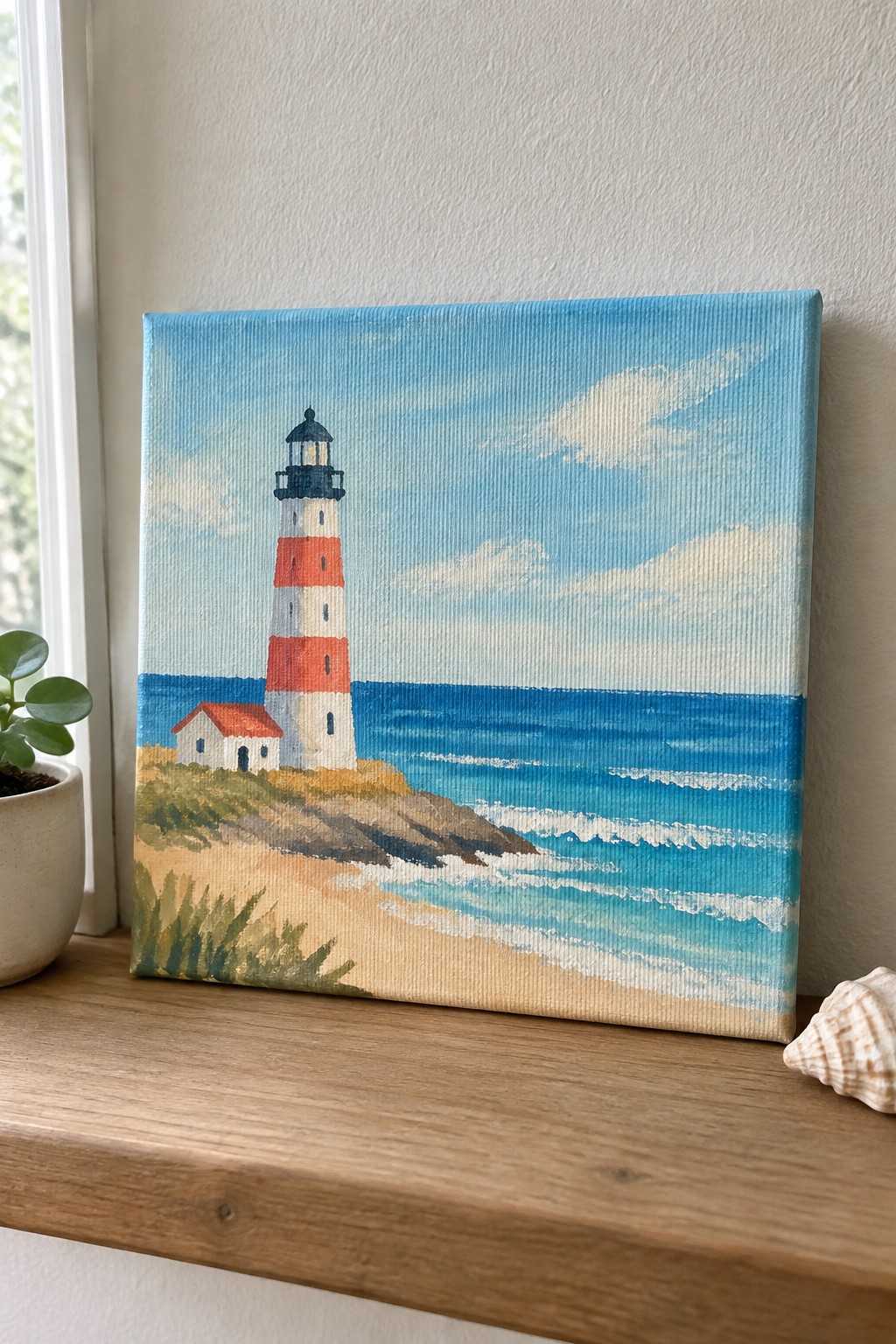 Canvas painting of red and white lighthouse by blue ocean on wooden shelf with plant