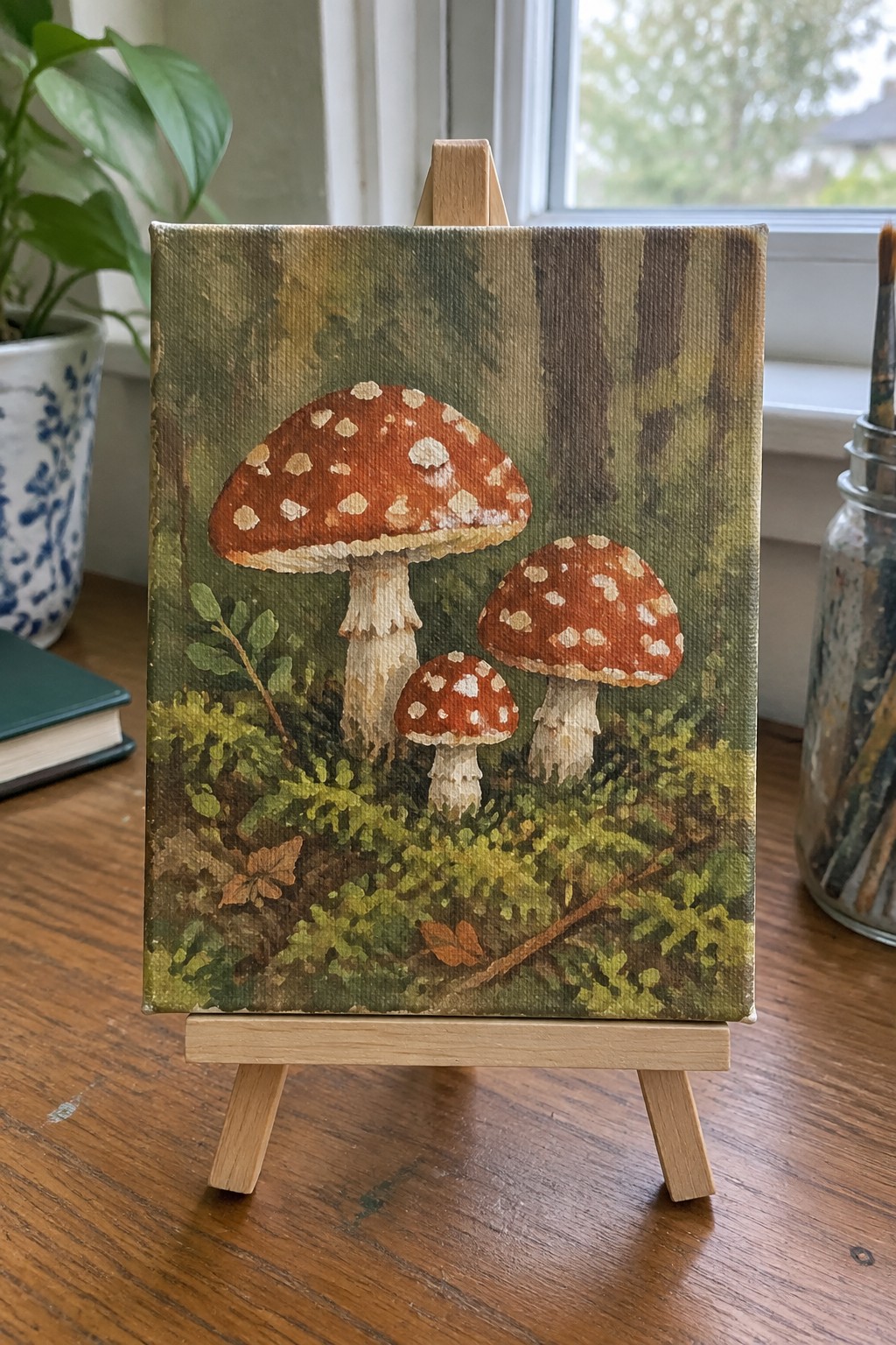 Three red-spotted mushrooms painted on small canvas atop wooden easel in forest scene