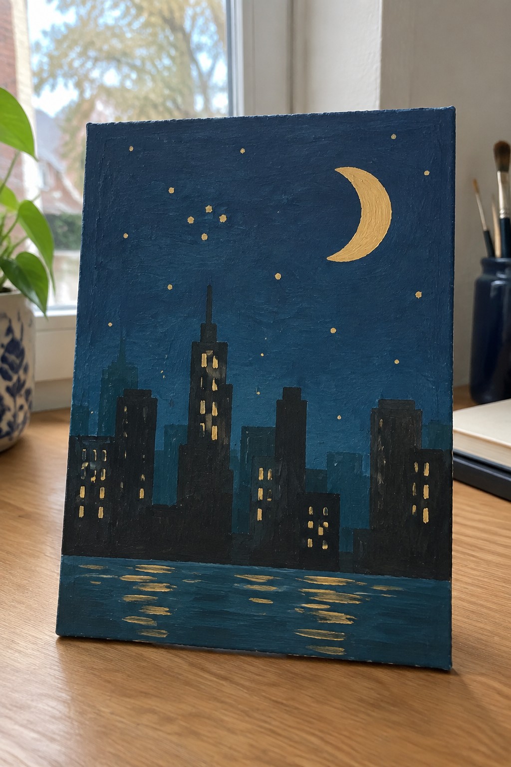 Nighttime cityscape painting with golden crescent moon, stars, lit buildings, and reflective water.